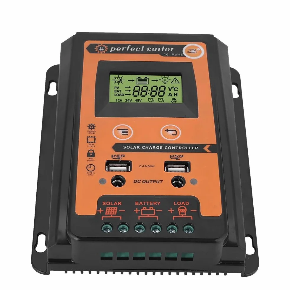 Solar Charge Controller, 12V/24V Solar Charge Controller MPPT 30A50A Solar Battery Panel Controller Podwójny wyświetlacz LCD USB