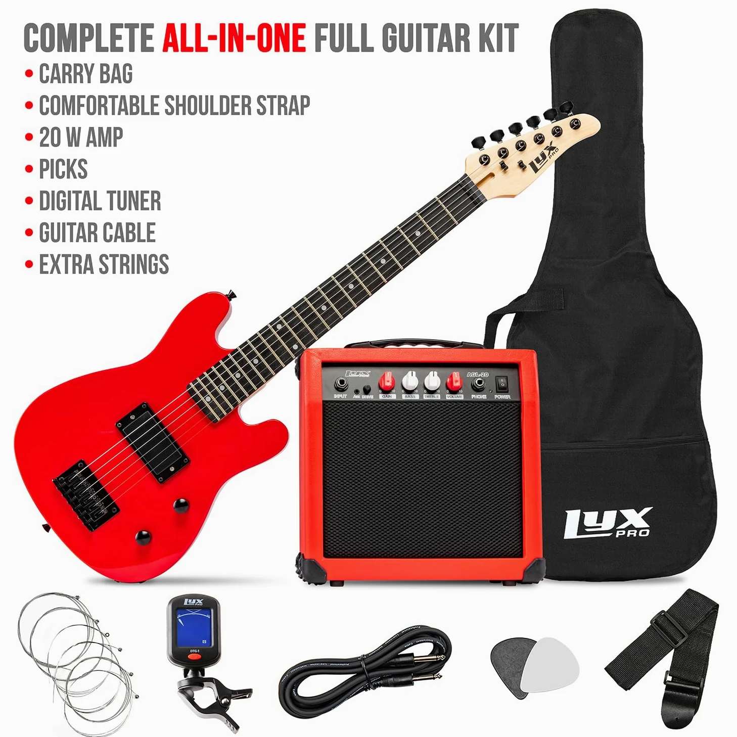 LyxPro Gitara elektryczna i zestaw startowy 30 cali dla dzieci z gitarą dla początkujących, wzmacniaczem, sześcioma strunami, dwoma kostkami, paskiem na ramię, cyfrowym tunerem, kablem gitarowym i