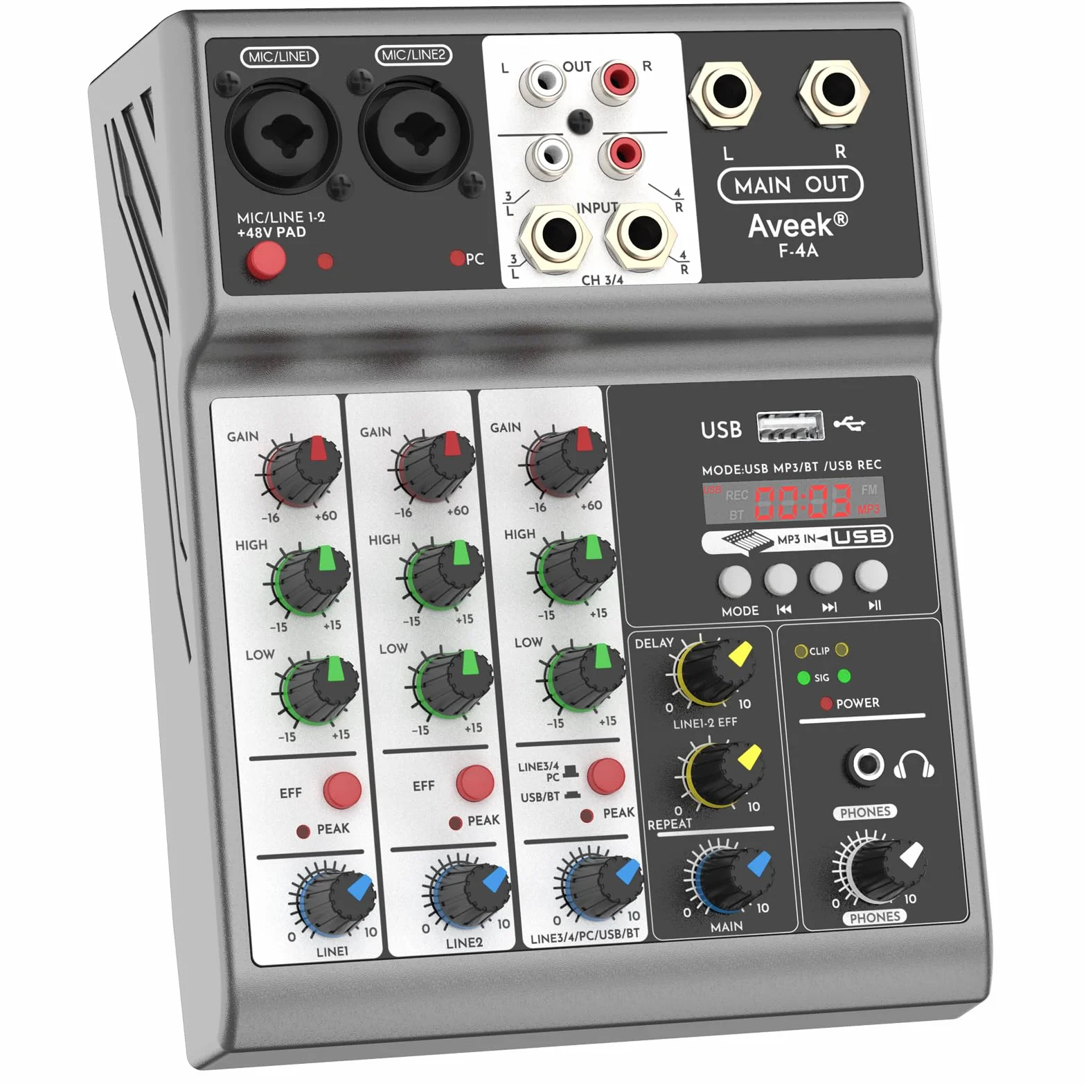Aveek 4-kanałowy mikser audio, mikser dźwiękowy z efektem opóźnienia reverb USB, wejście 48 V, zasilanie fantomowe stereo DJ mikser do nagrywania, streamingu na żywo