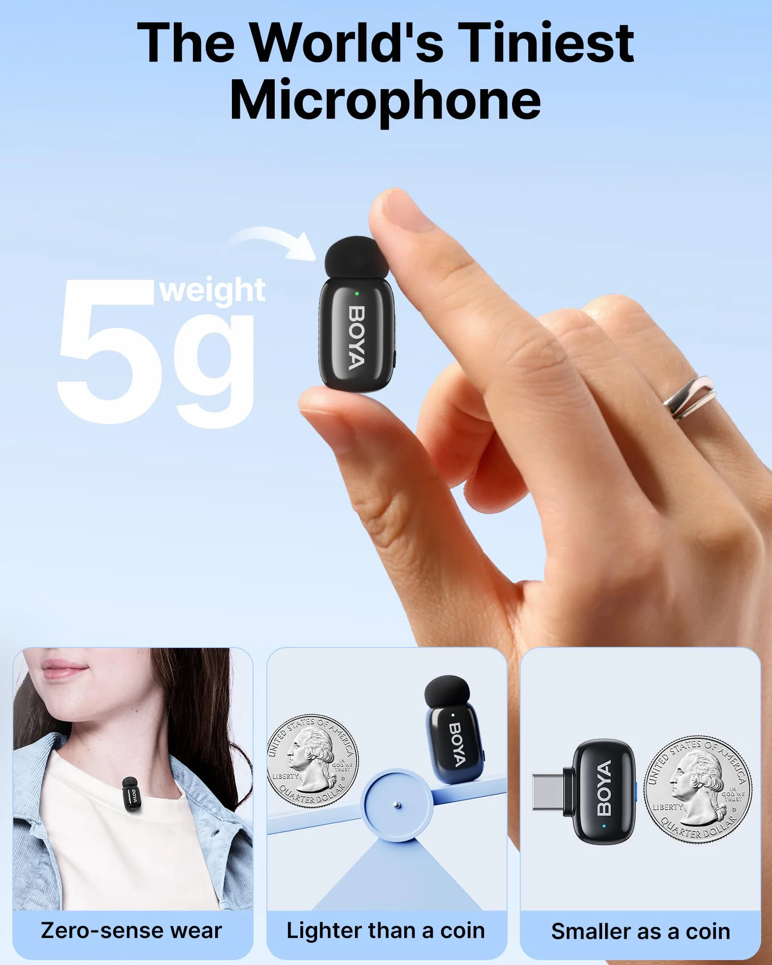 BoyaMini Bezprzewodowy mikrofon krawatowy do iPhone'a 15/16, Androida, USB-C, z redukcją szumów, zmiana głosu AI, do vlogowania, TikTok, YouTube, dla twórców treści