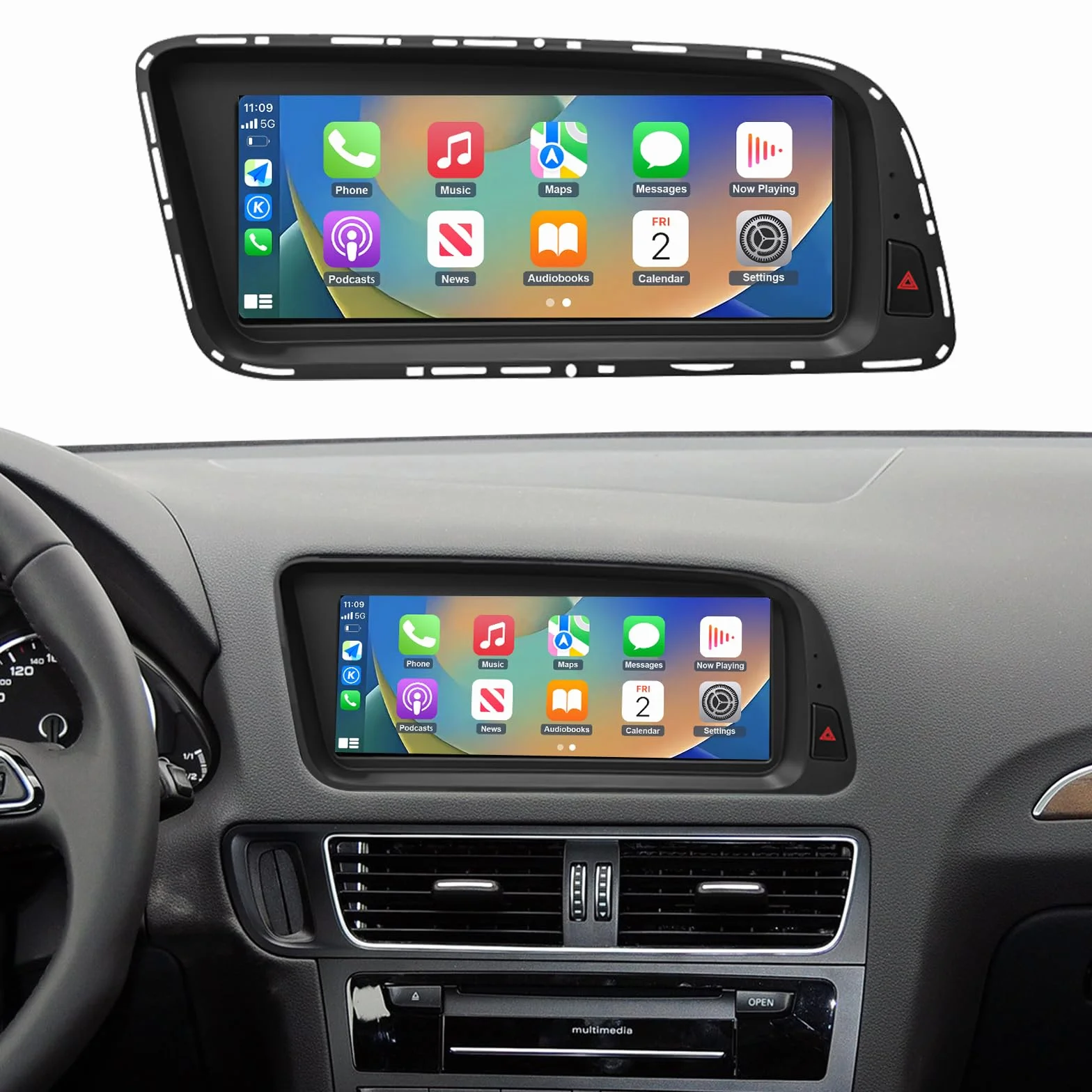 Road Top 8,9 cala Bezprzewodowy ekran dotykowy radia samochodowego CarPlay dla Audi Q5 2009-2017 rok z 3GMMI, multimedialny ekran stereo radia samochodowego, obsługa bezprzewodowego Android Auto
