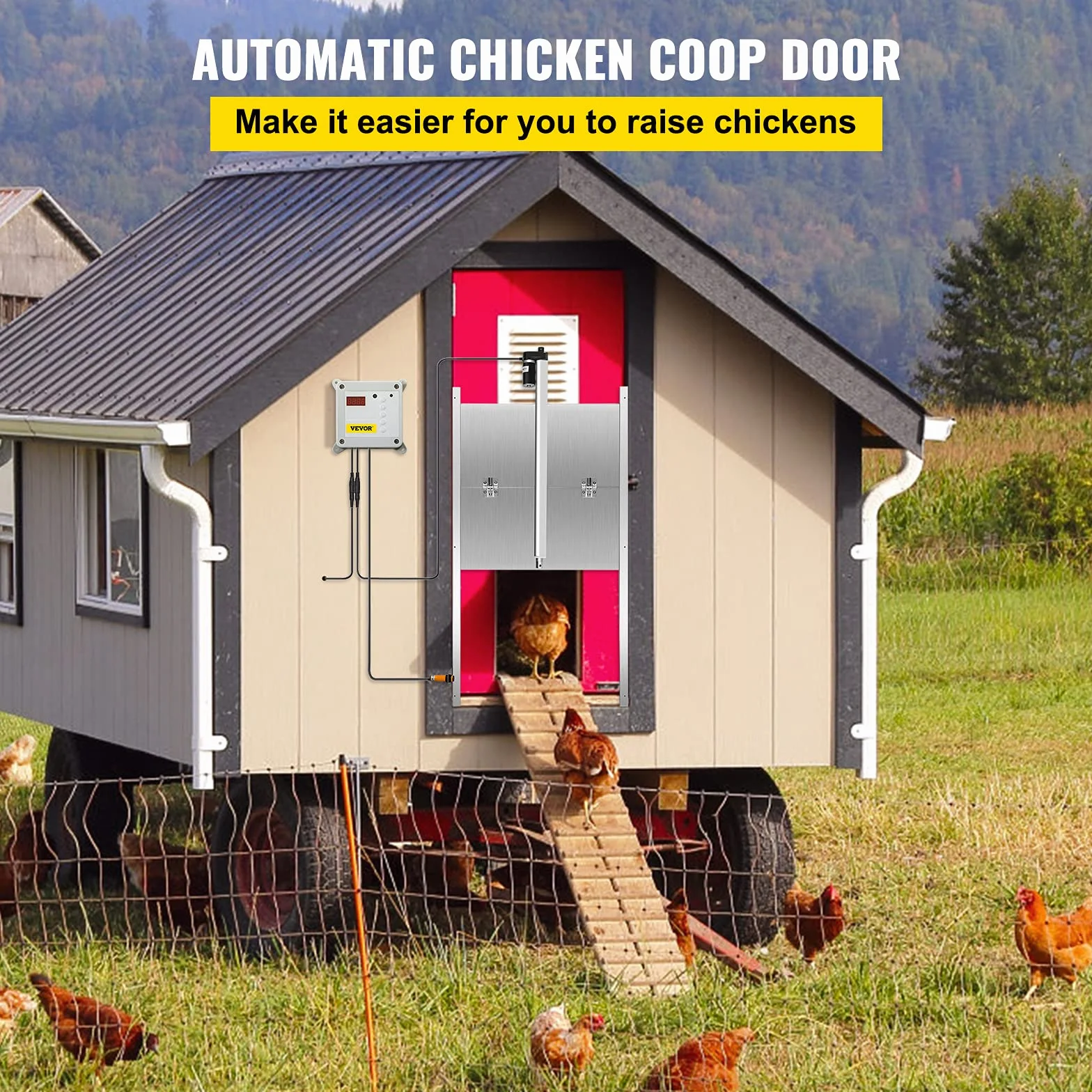 VEVOR Automatyczny otwieracz do kurników 12 V, 30 x 30 cm do automatycznych drzwi kurnika, czujnik światła timera na podczerwień z 2 pilotami zdalnego sterowania, klatka dla kurcząt zastosowanie dla