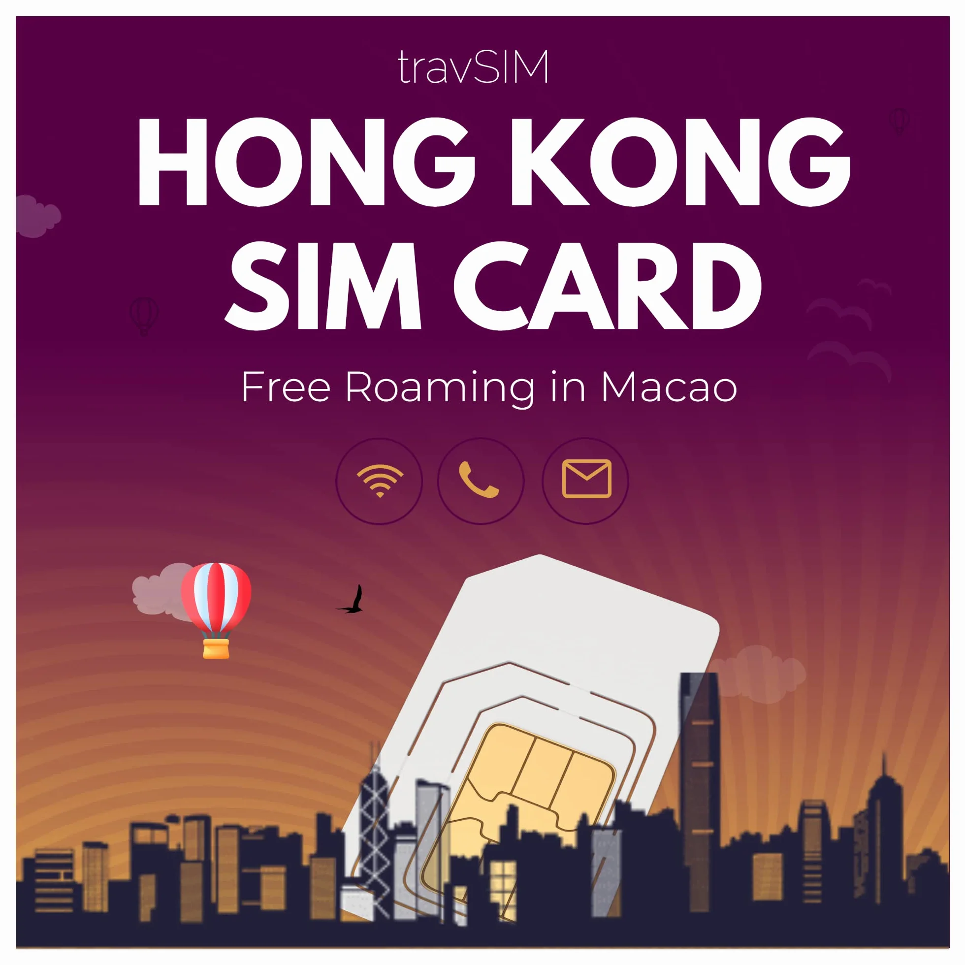 travSIM - Karta SIM Hong Kong | 10 GB danych mobilnych z prędkością 4G/5G | Bezpłatny roaming w Makau | Działa na urządzeniach z systemem iOS i Android | Plan na karcie Hong Kong jest ważny przez 30 dni
