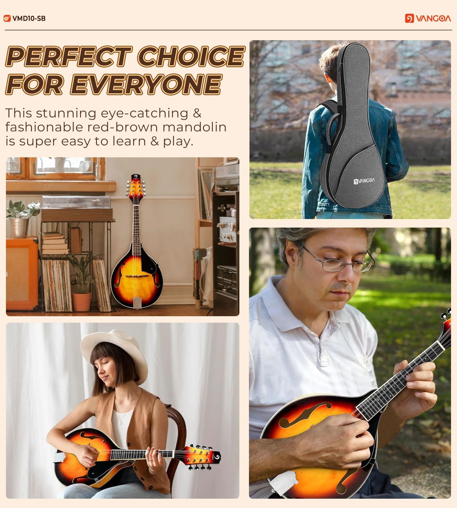 Vangoa Mandolina Instrument A Style Sunburst akustyczna mandolina dla początkujących z tunerem, strunami, torbą koncertową, kostkami
