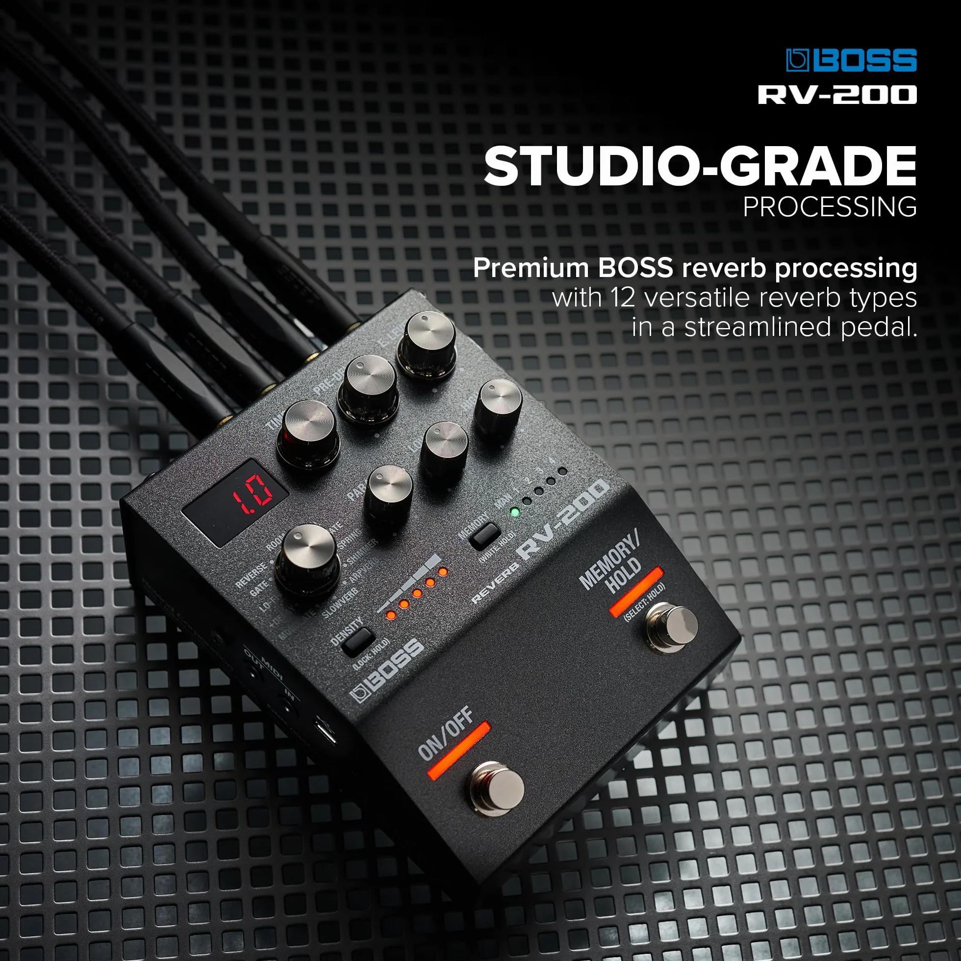 BOSS RV-200 Reverb | Najwyższej Jakości Przetwarzanie Pogłosu w Udoskonalonym Pedale Efektów BOSS serii 200 do Gitary i Innych Instrumentów | 12 Typów Pogłosu, w tym Arpverb | 127 Pamięci Użytkownika