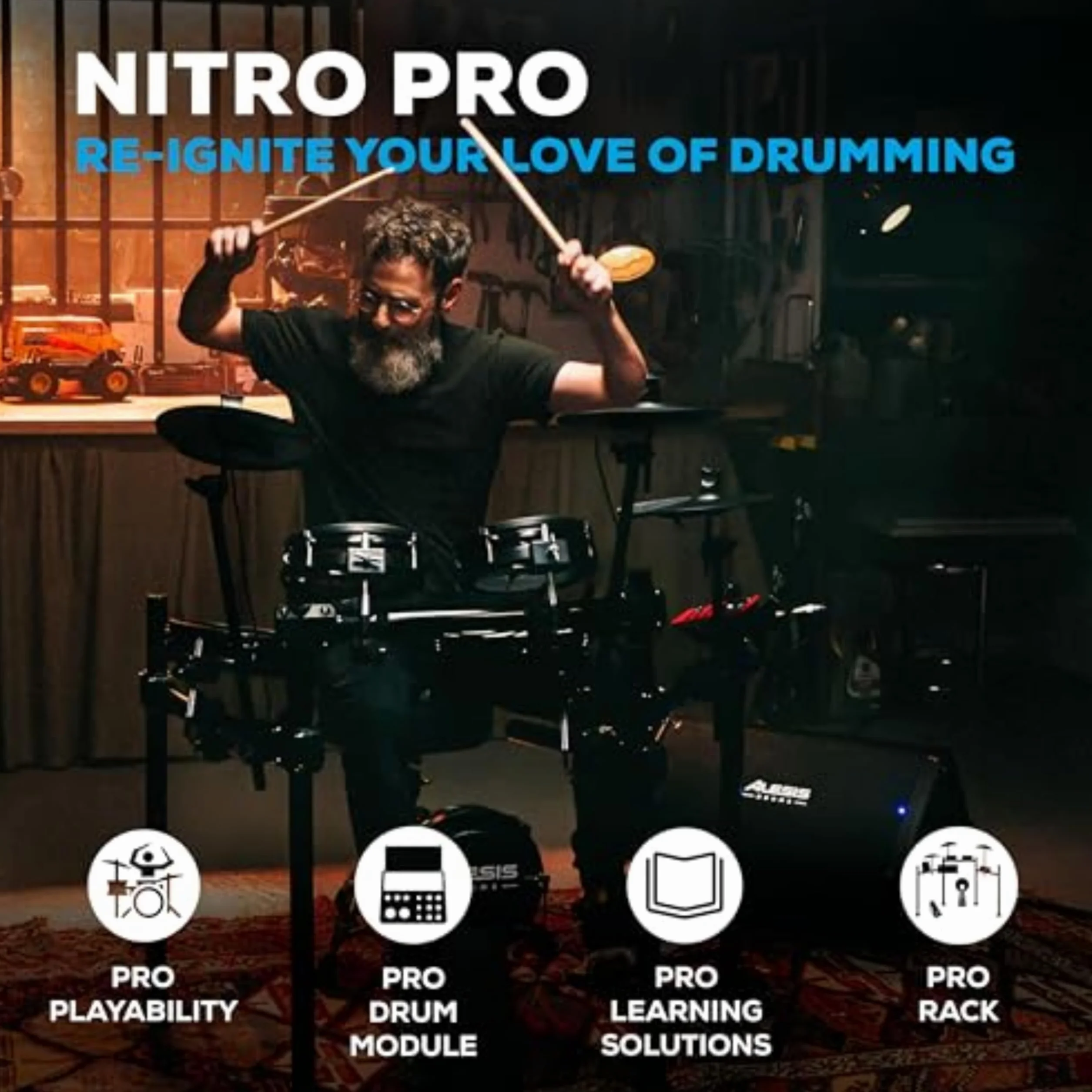 Alesis Nitro Pro Elektryczna perkusja z 2-strefowymi padami siatkowymi, 500+ brzmień BFD, Bluetooth, Drumeo, USB MIDI, zgodna z 2 bębnami basowymi