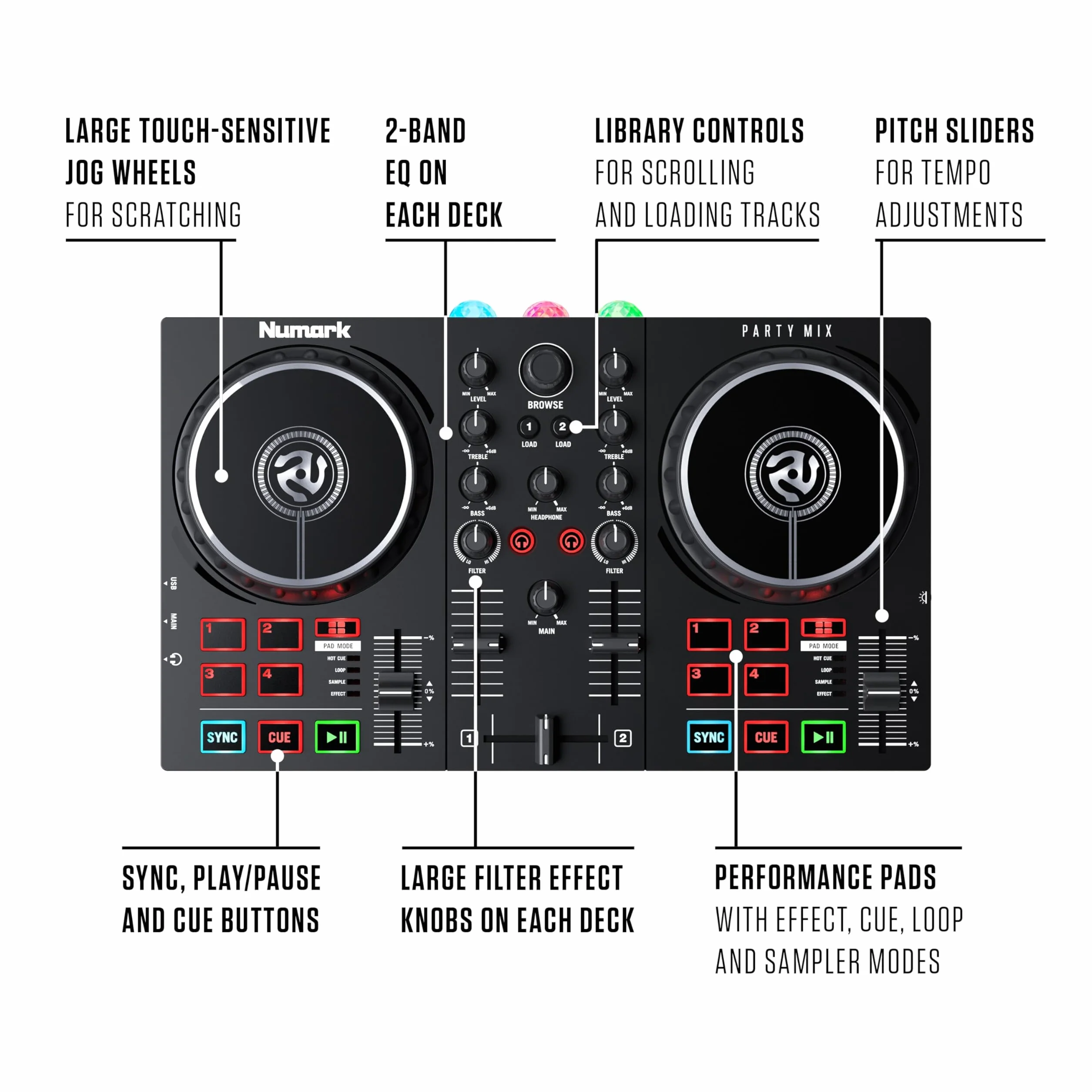 Numark Party Mix II DJ Kontroler Zestaw Dla Początkujących DJ-Ów z Imprezowym Oświetleniem i Mikserem do Serato DJ