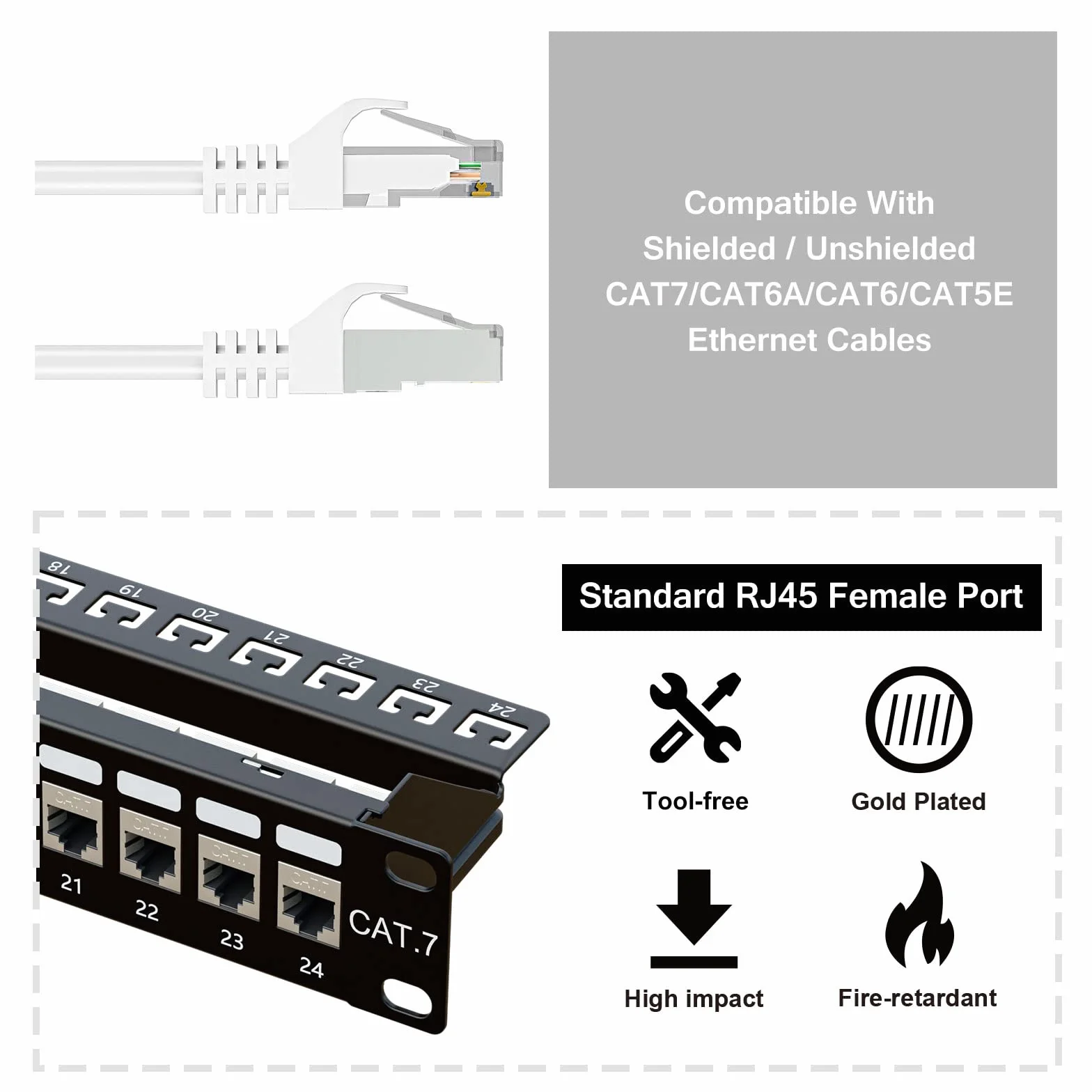 iwillink Panel krosowy Cat7 10 Gb/s, 24 porty, RJ45 łącznik przelotowy 1U, ekranowany panel krosowy STP 48 cm z tylnym drążkiem, montażem ściennym lub stojakiem, kompatybilny z Cat7, Cat6A, Cat6
