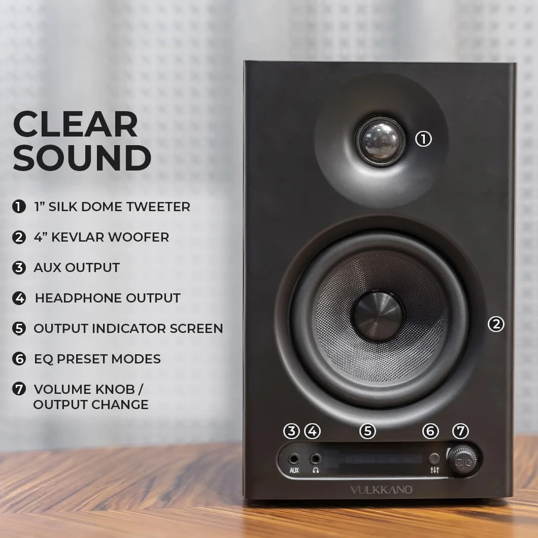 VULKKANO PRO4 monitory studyjne z 4-calowym głośnikiem niskotonowym, Bluetooth, symetrycznym wejściem TRS, RCA, wyjściem na słuchawki, AUX, optycznym, ustawieniami EQ, głośnik do monitora