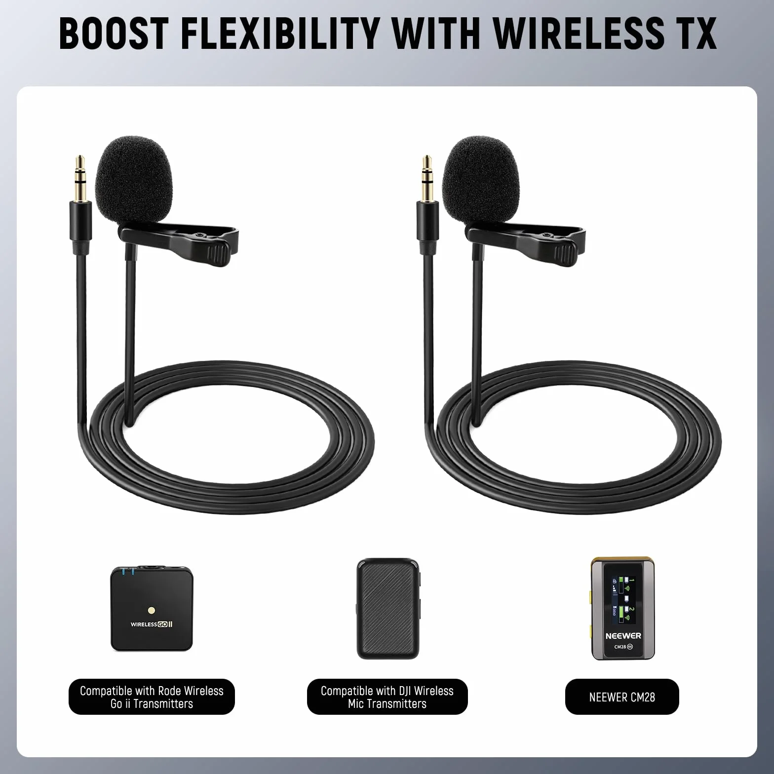 Neewer Mikrofon krawatowy z klapą kompatybilny z bezprzewodowym mikrofonem Rode GO II Wireless Pro DJI, 3,5 mm TRS wielokierunkowy pojemnościowy przewodowy klips na mikrofon Lav do transmisji na żywo