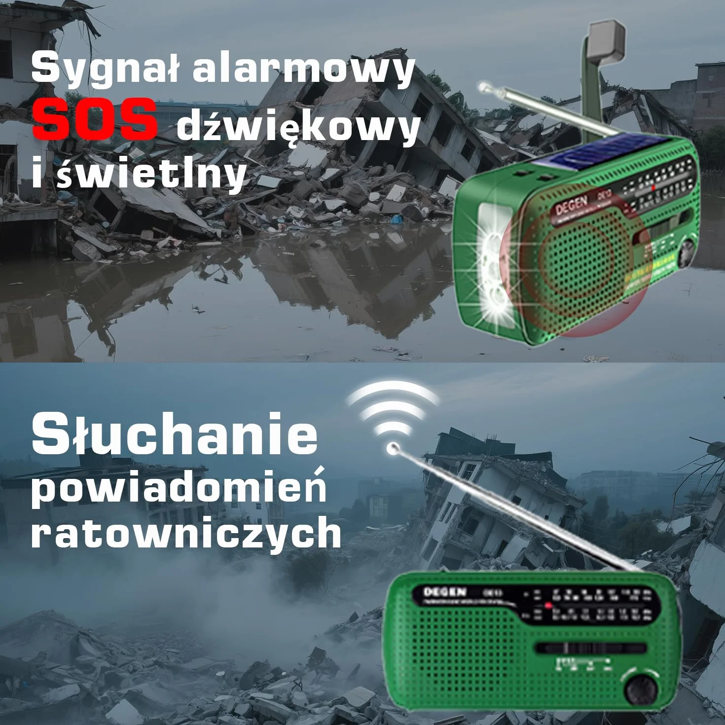 DEGEN DE13 Wind Up Radio korbowe solarne FM AM SW awaryjne radio pogodowe latarka SOS alarm ładowalny telefon komórkowy do użytku awaryjnego i na zewnątrz zielony