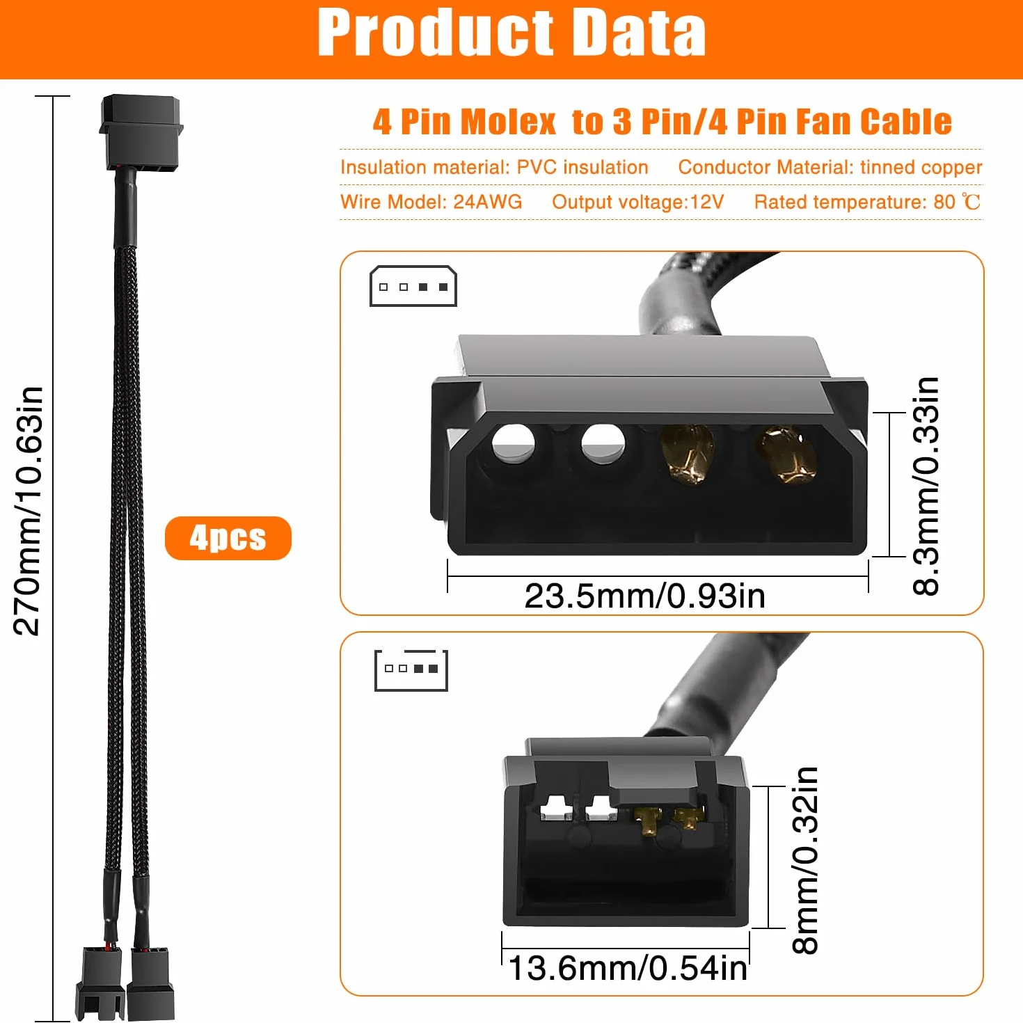 4 Sztuk Adapter Molex do Wentylatora Kabel Zasilający, 4-pinowy Molex do 2 x 3 Pin / 4 Pin PMW 12 V Kabel Zasilacza Wentylatora Obudowy Komputera