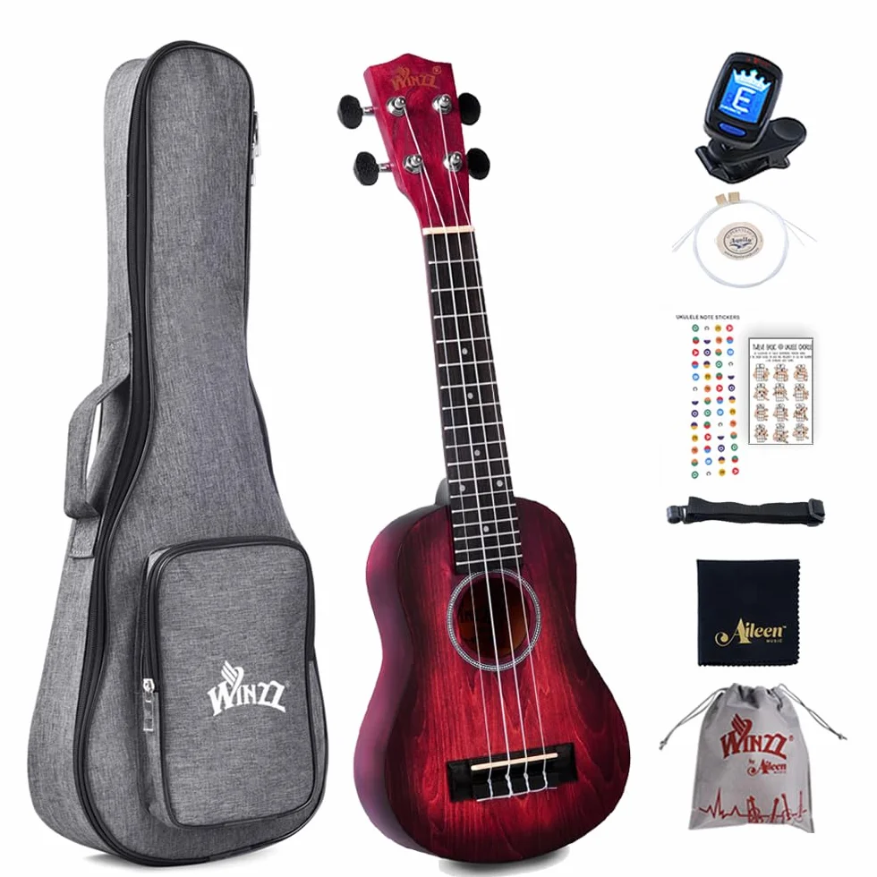 Winzz Ukulele Soprano dla dzieci, zestaw startowy dla początkujących - 21” z 6 akcesoriami (torba na ukulele, tuner, struny Aquila, naklejki na podstrunnicę, pasek, ściereczka do czyszczenia)