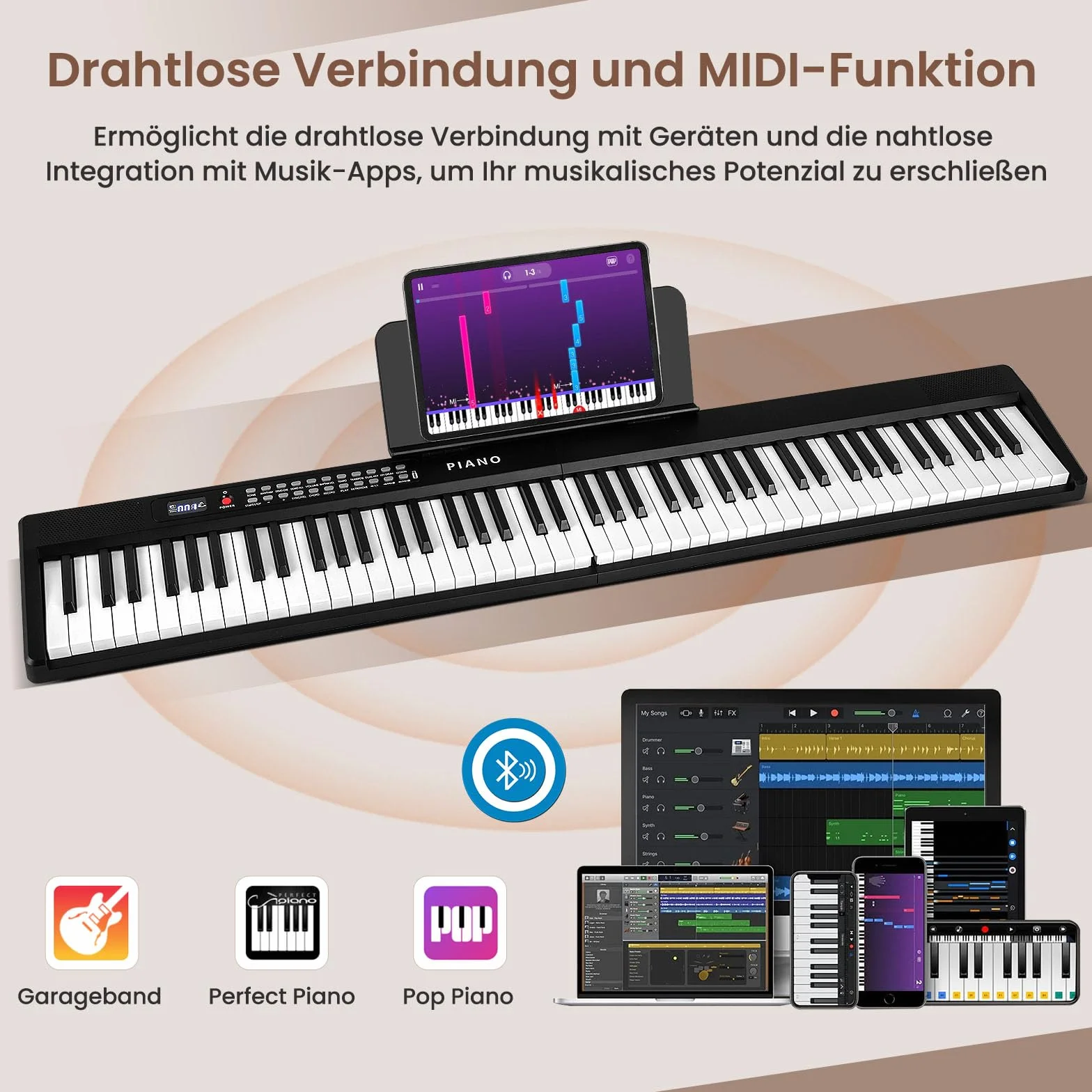 COSTWAY Pianino klawiaturowe 88 klawiszy, składane cyfrowe pianino z Bluetooth MIDI, 1000 rytmami, 1000 dźwiękami, 150 demo, dla dzieci z mikrofonem i torbą, E-Piano dla początkujących Czarny