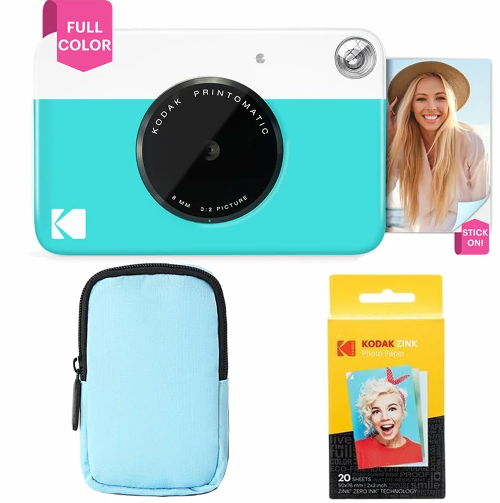 KODAK Printomatic Pełnokolorowy zestaw startowy aparatu do natychmiastowego drukowania + miękkie etui + cynk 20 sztuk papieru fotograficznego, kolorowe zdjęcia na papierze samoprzylepnym 5 x 7,6 cm,