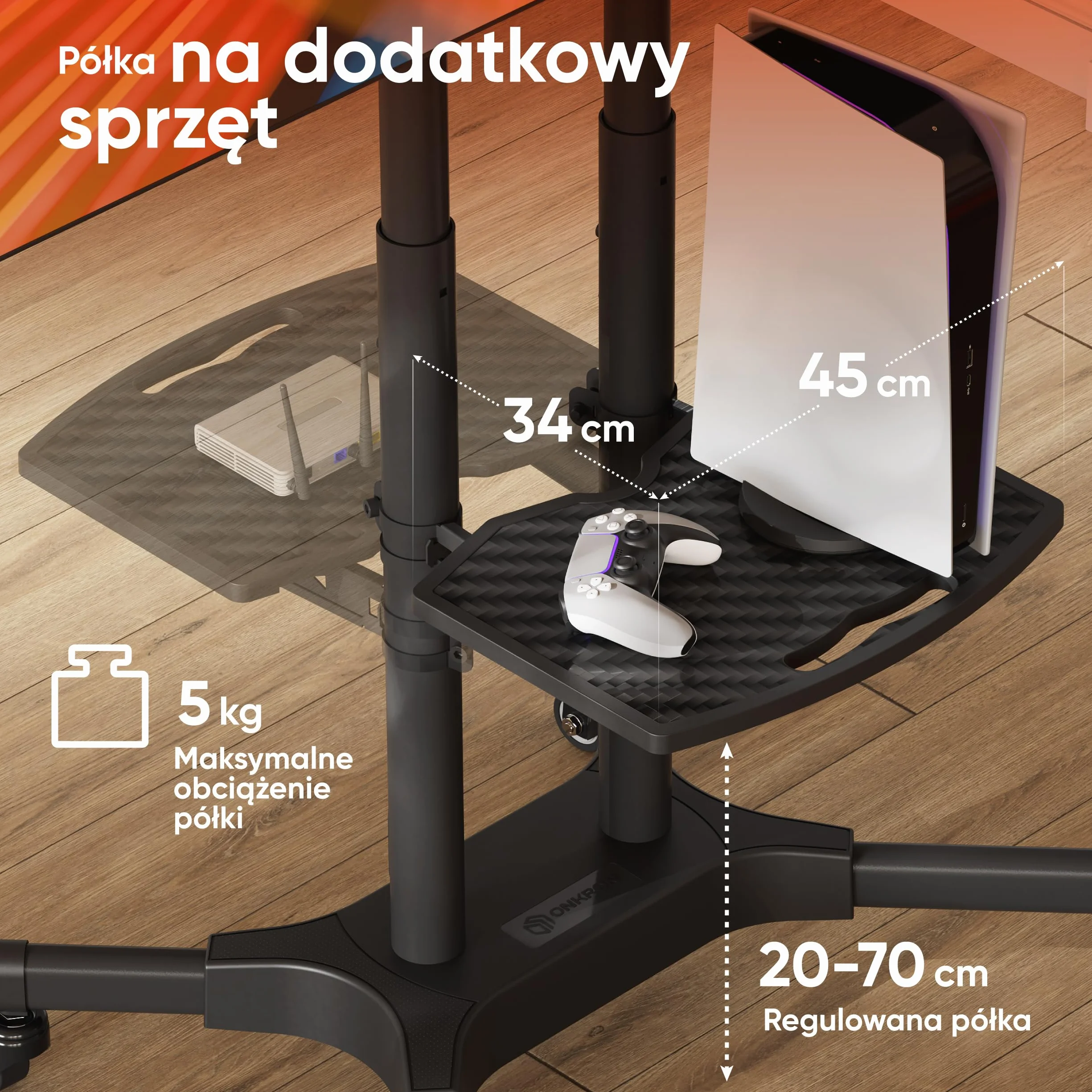 ONKRON Stojak na telewizor na kółkach dla ekranów 32" - 65" do 50 kg, regulowany na wysokość max VESA 600x400 - Uniwersalna podstawa TV/Wózek na telewizor z kółkami, czarny TS1351-B