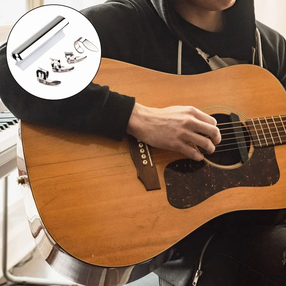Alnicov Slajd gitarowy ze stali nierdzewnej w odcieniu stali nierdzewnej do hawajskiej gitary na kolanach, gitara elektryczna z metalowymi kciukami kostki plektrony, chrom