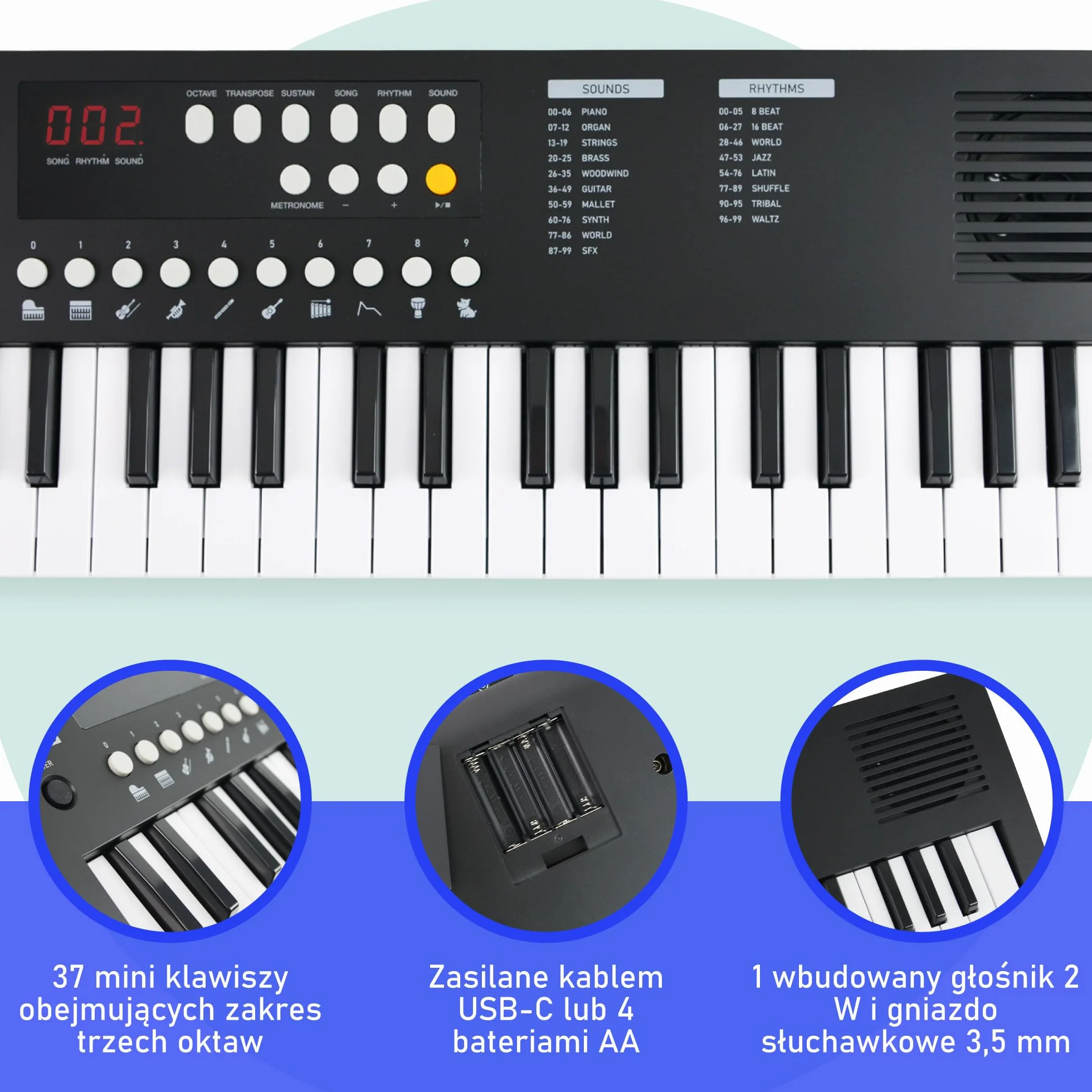 Axus Mini Przenośna Klawiatura 37, Pianino Elektryczne dla Początkujących, USB-C, Midnight Black