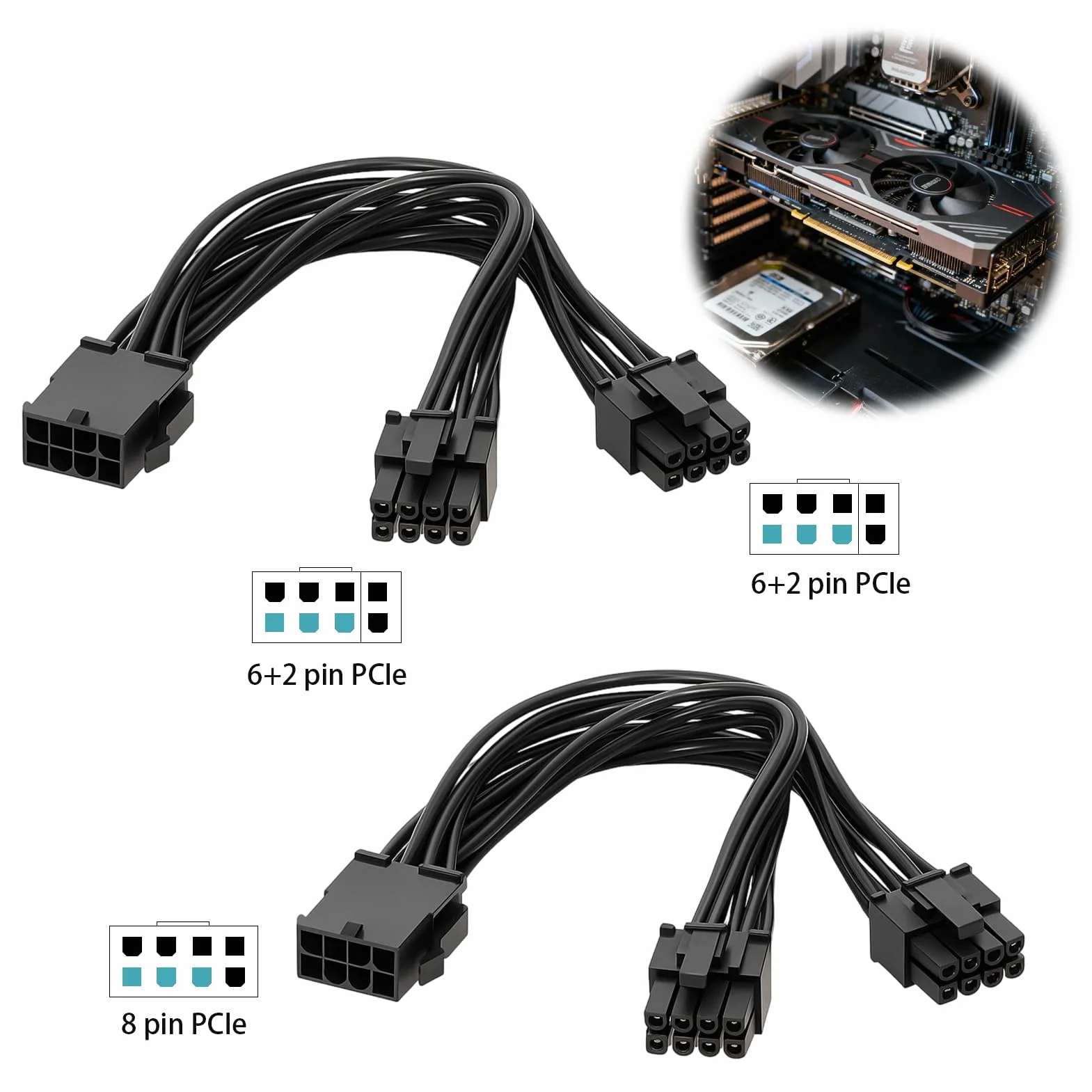 Zestaw 2 kabli PCIe 8-pinowych do Dual PCIe 8-pinowych (6+2), kabel zasilający GPU 22 cm, przedłużenie zasilacza na kartę graficzną, kompatybilność z kartami wideo o dużej mocy, zarządzanie kablami PC