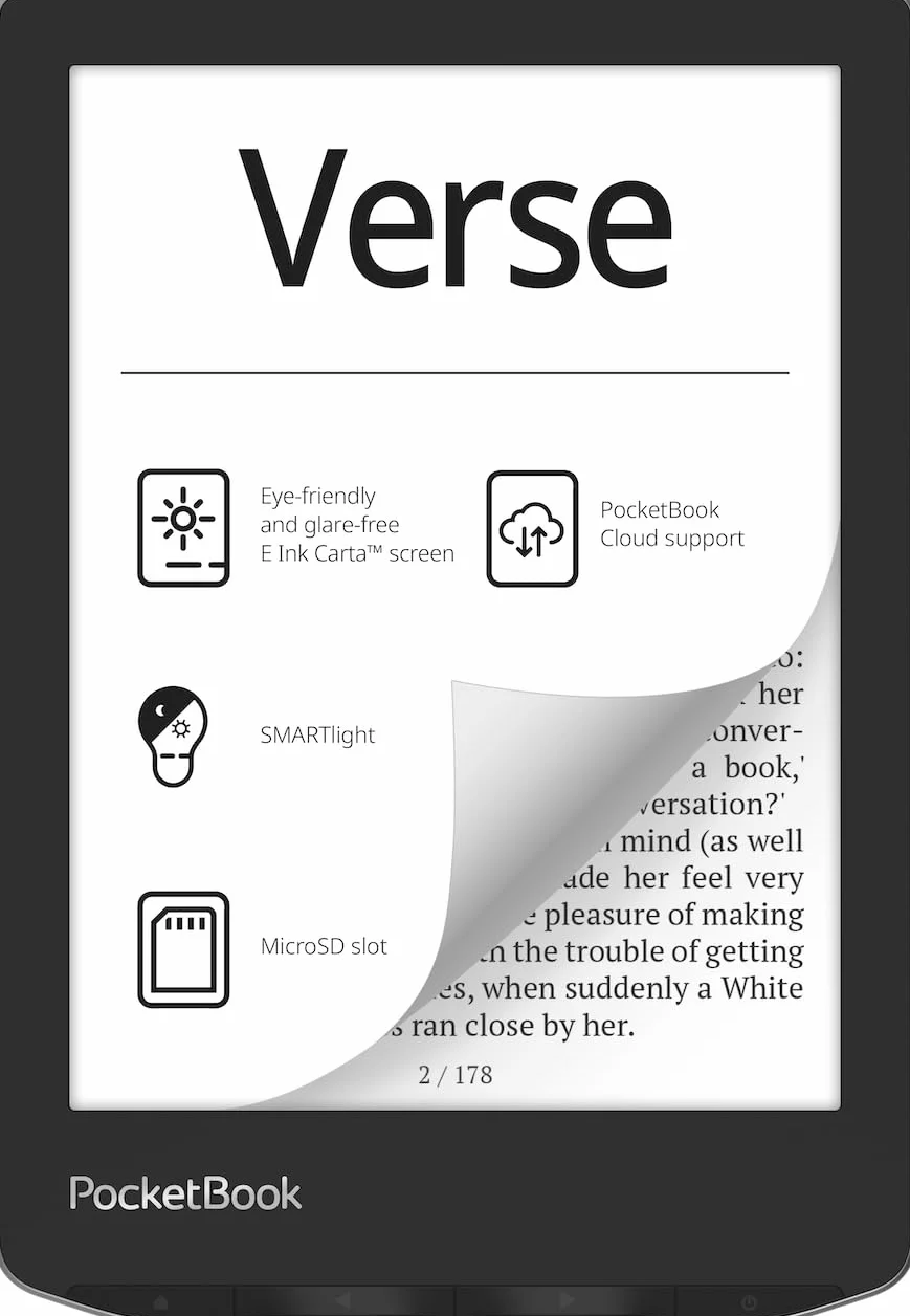 Czytnik e-booków PocketBook Verse | Przyjazny dla oczu 6'' dotykowy ekran E-Ink Carta™ HD | Regulowane podświetlenie SMARTlight | Nawet miesiąc pracy na baterii | Wi-Fi i na kartę pam | mglistoszary