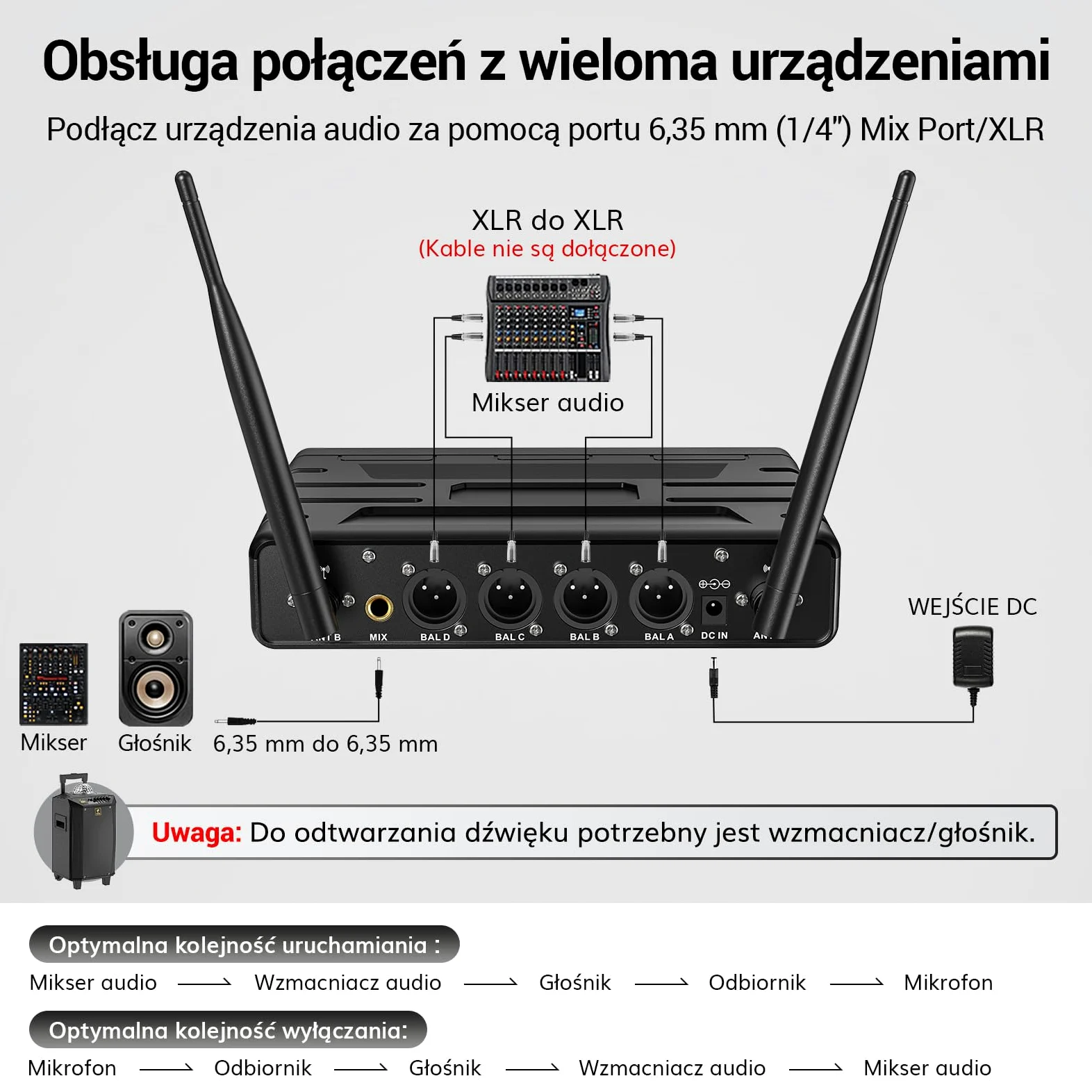 Bezprzewodowy zestaw mikrofonowy TONOR UHF z mikrofonem ręcznym/nadajnikiem typu bodypack/bezprzewodowym mikrofonem typu lavalier, 4 x 5 częstotliwości, zasięg 60 m Karaoke TW362