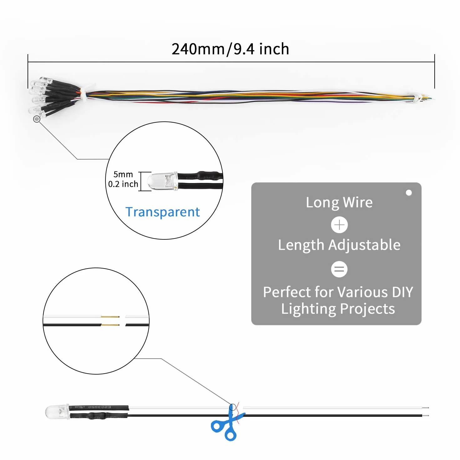 DiCUNO 100 szt. (10 kolorów x 10 szt.) 5 mm 12 V wstępnie przewodowe LED światło emitujące diodę okrągła lampa LED różne diody kolorowe zestaw rezystorów
