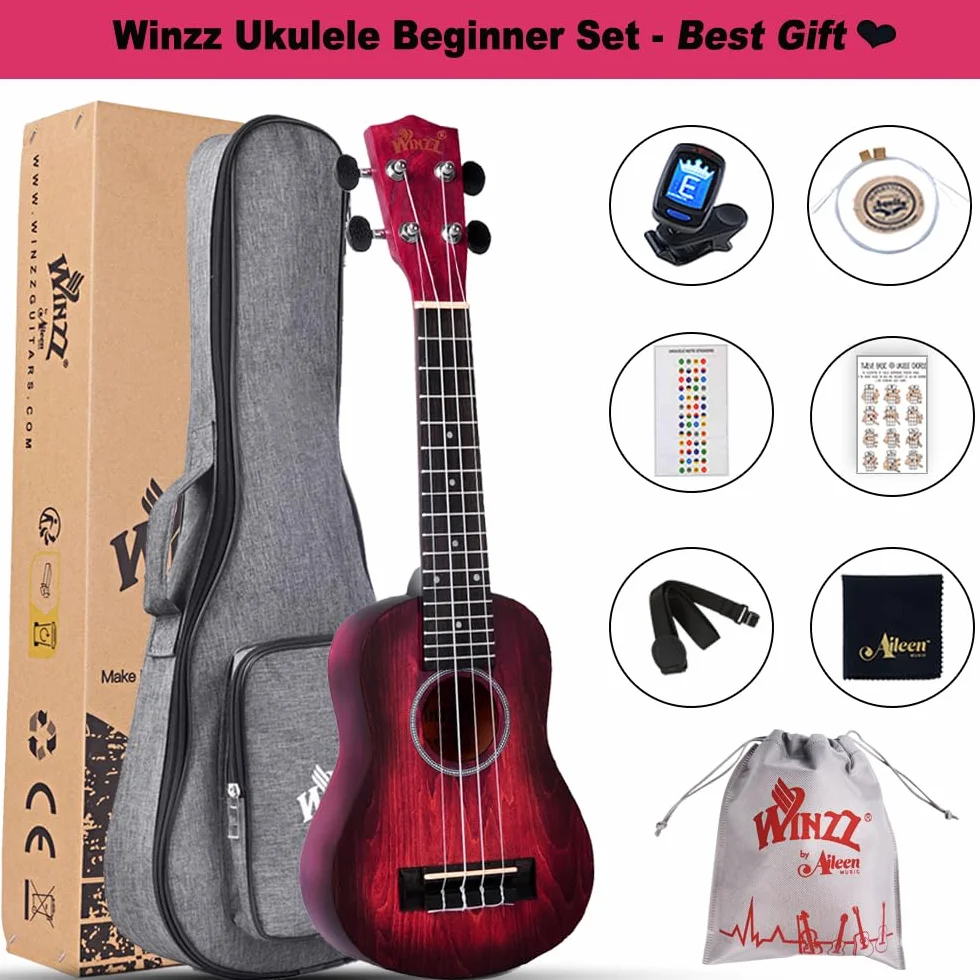 Winzz Ukulele Soprano dla dzieci, zestaw startowy dla początkujących - 21” z 6 akcesoriami (torba na ukulele, tuner, struny Aquila, naklejki na podstrunnicę, pasek, ściereczka do czyszczenia)