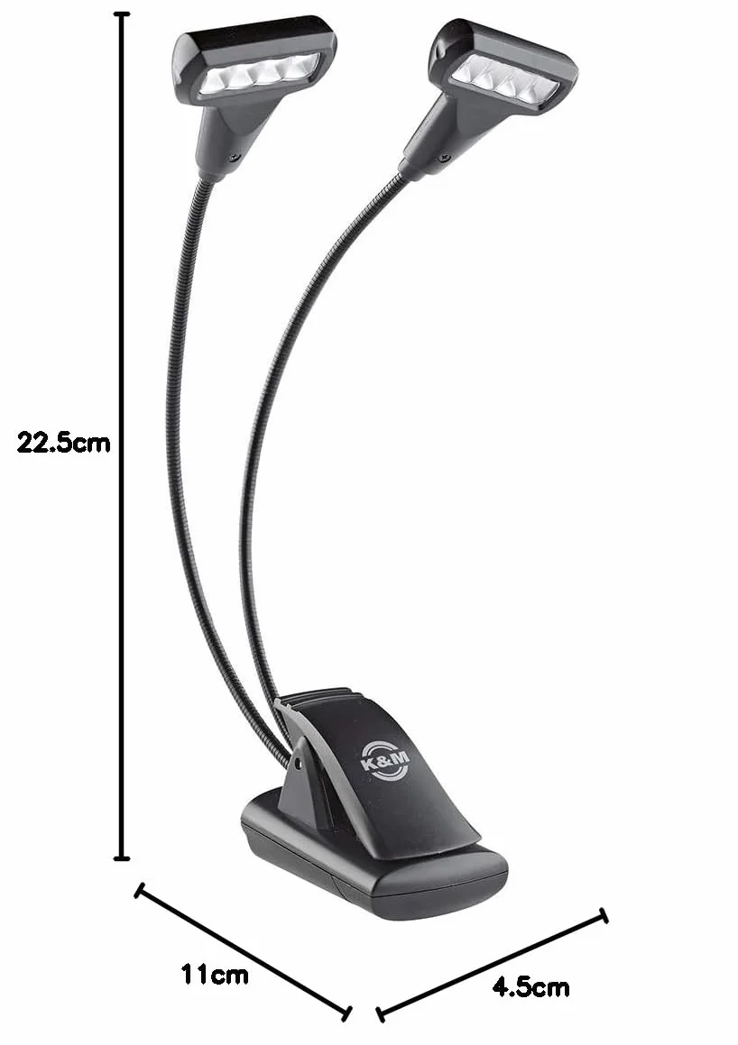 K&M 12273 Double4 lampa pulpitowa z nutami, model T, kolor czarny, mocowanie za pomocą klipsa, 3000 K, 64 lumenów