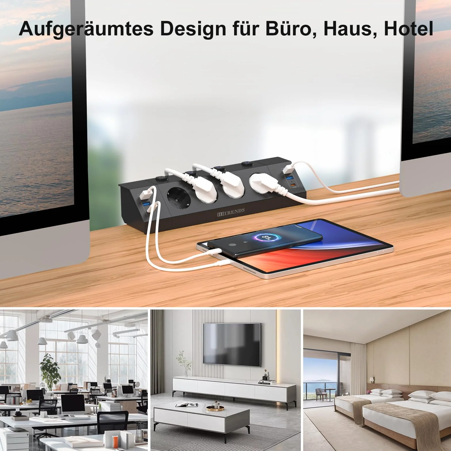 Gniazdko biurkowe z USB C PD 20W, listwa zasilająca z 4 pojedynczymi przełącznikami, 4-krotne gniazdko narożne z 6 USB, płaska wtyczka wielogniazdko montaż ścienny z kablem 2M, czarne