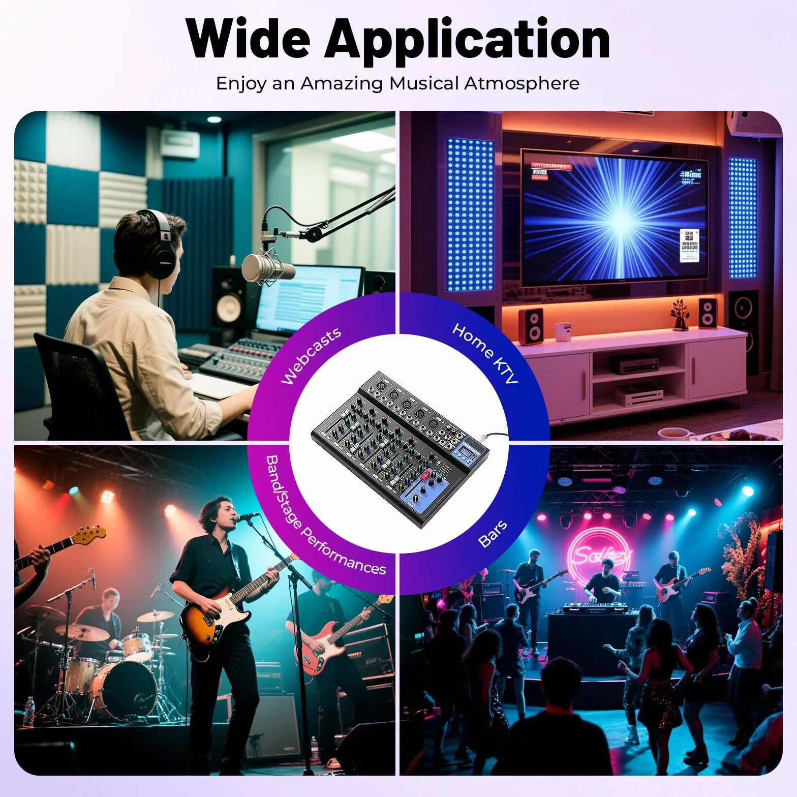 MINRS Mikser audio Bluetooth, 7-kanałowy, mikser DJ Live Studio z konsolą USB, 6 trybów muzyki, do studia produkcji muzyki, barów i scen, dla początkujących i profesjonalistów