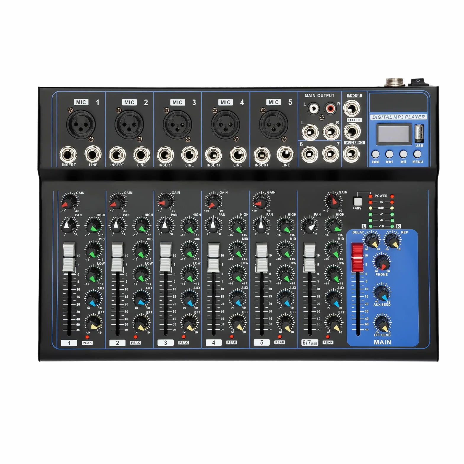 Mikser audio Bluetooth, 7-kanałowy, mikser DJ Live Studio z USB, mikser audio na żywo, 6 trybów muzyki, konsola do miksowania dźwięku, do studia produkcji muzyki, barów i scen, dla