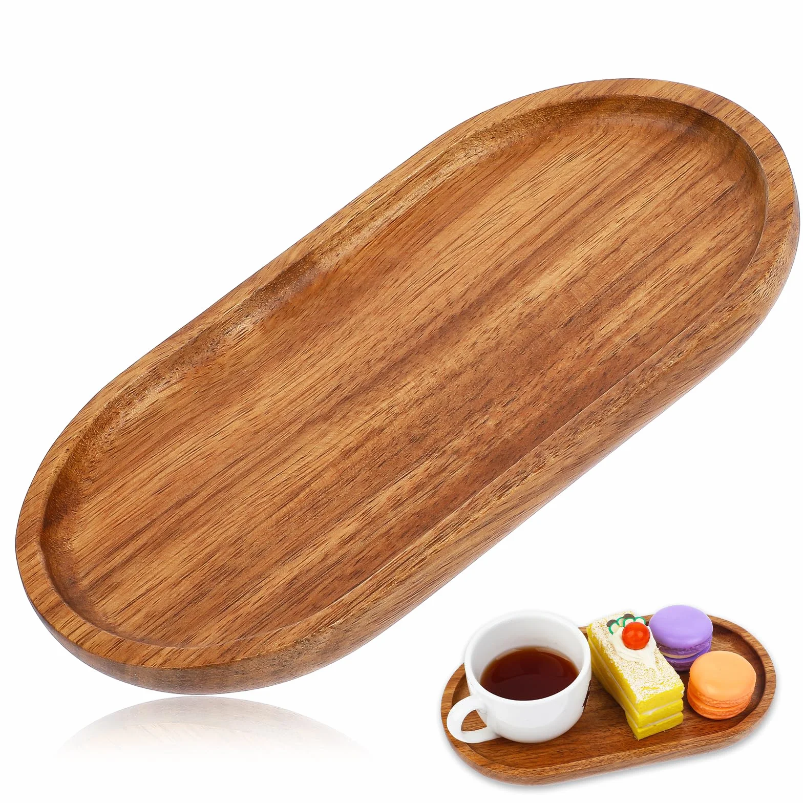 19 x 10,5 cm mała drewniana taca owalna na wędliny, herbatę i przekąski, ręcznie wykonana z litego drewna akacjowego, do ekspozycji przekąsek sushi, jedzenia i dekoracji