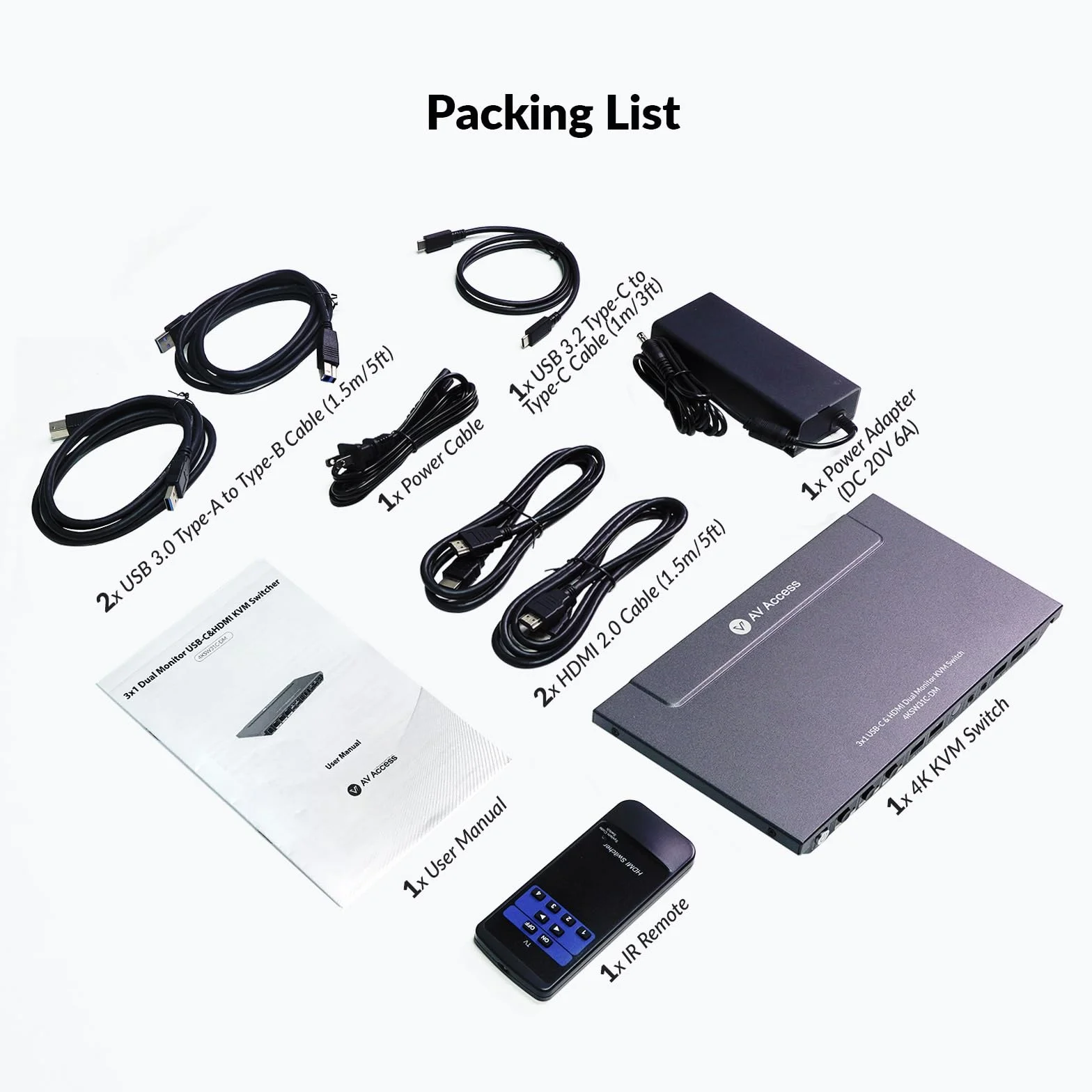 AV Access 4K KVM Switch Dock 3 PC 2 monitory, podwójny monitor 4K HDMI, ładowanie Type-C 65 W, do laptopa, Ethernet, EDID, Hotkey, USBC, USB 3.0