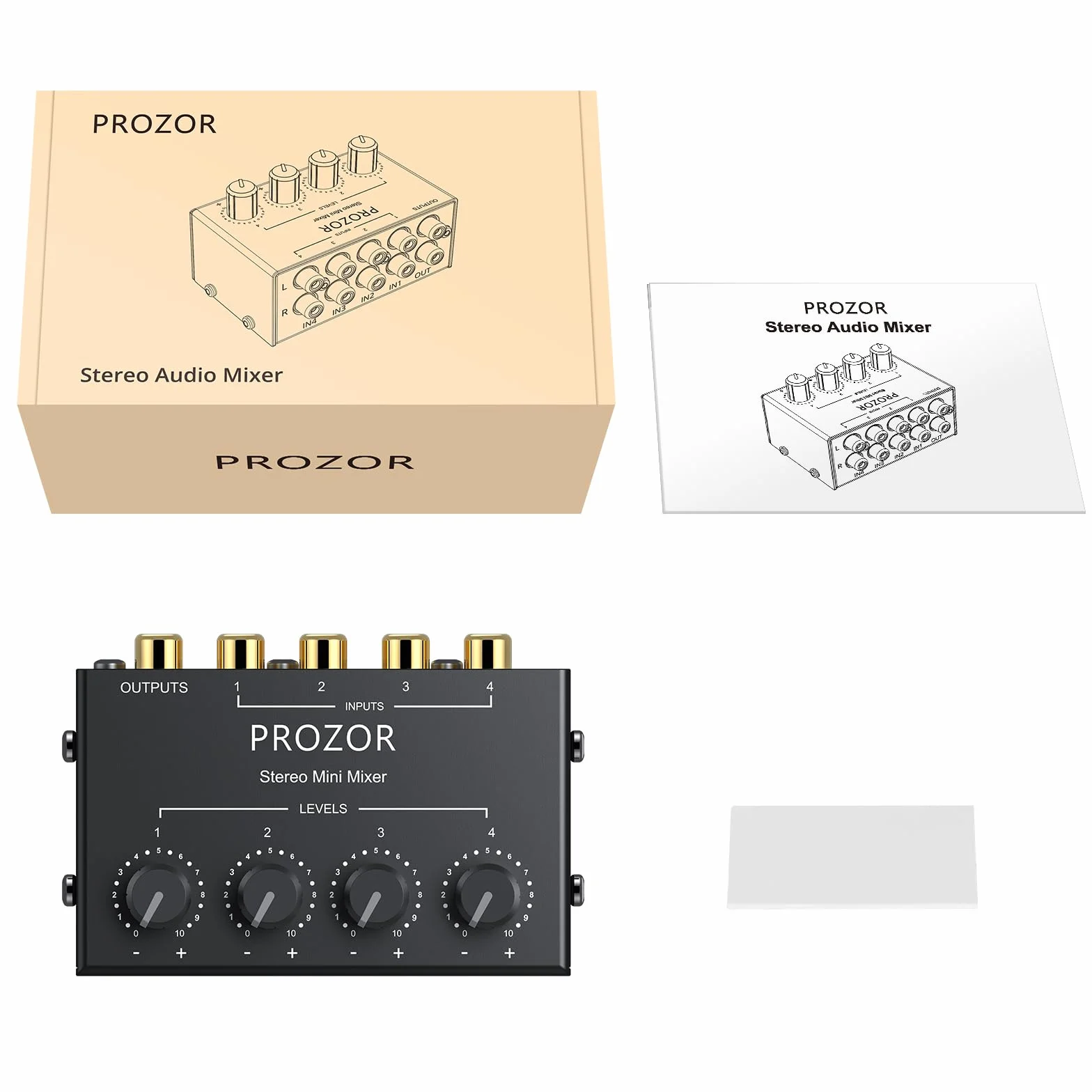 PROZOR Mikser audio RCA – 4-kanałowy mini pasywny mikser stereo z niezależną pokrętłem głośności, wejście i wyjście RCA, do kina domowego DJ-a, nie wymaga zasilania