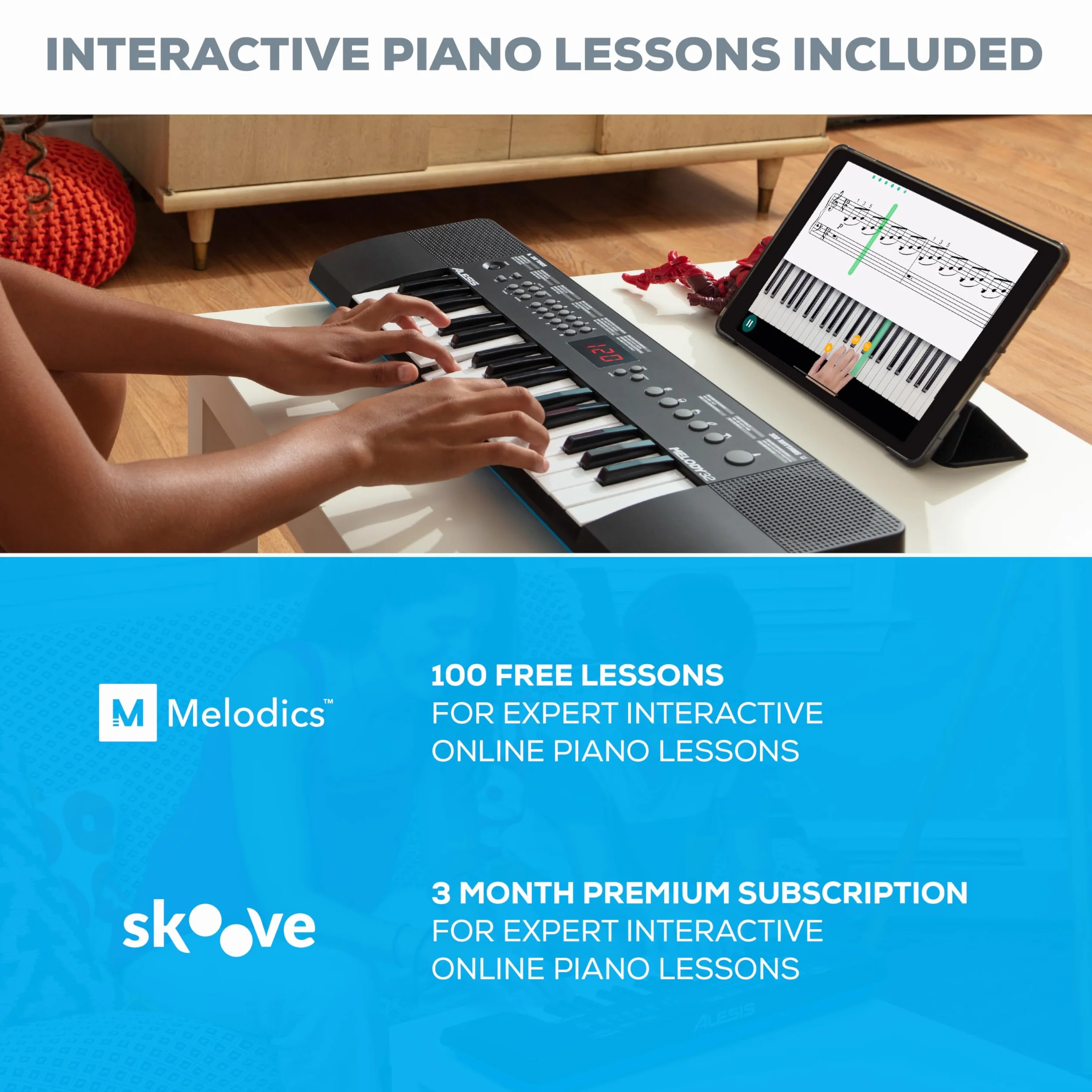 Alesis Melody 32 - Przenośne 32-Klawiszowe Minipianino Cyfrowe/Keyboard z Wbudowanymi Głośnikami, 300 Brzmień, 40 Utworów Demo, Łączność USB-MIDI