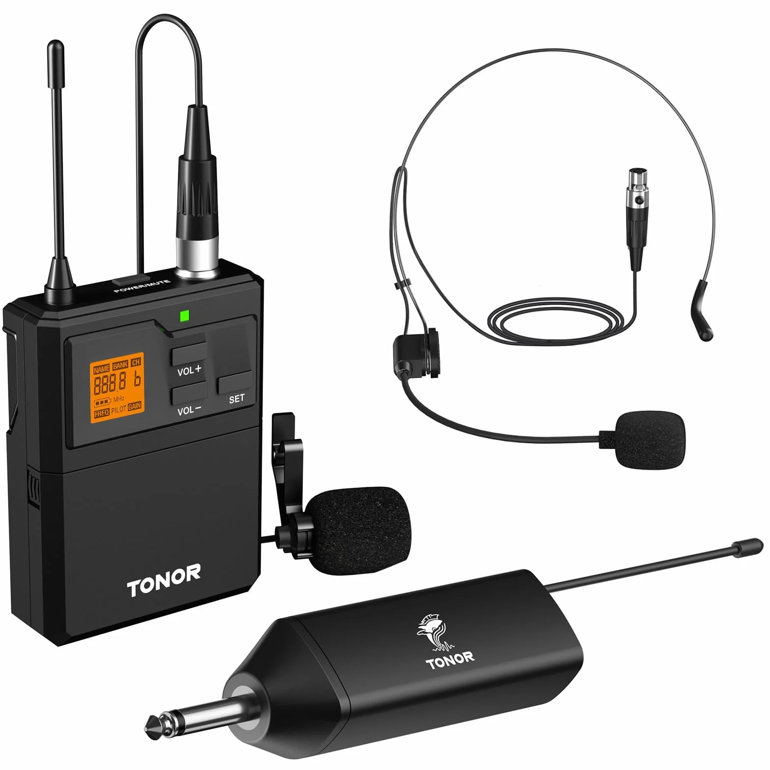Bezprzewodowy system mikrofonów TONOR UHF z mikrofonem słuchawkowym/mikrofonem klapkowym Lavalier, nadajnik Bodypack, odbiornik ładowalny, 5-kanały, 60M zakres 1/4" wyjście do nagrywania głośnika PA