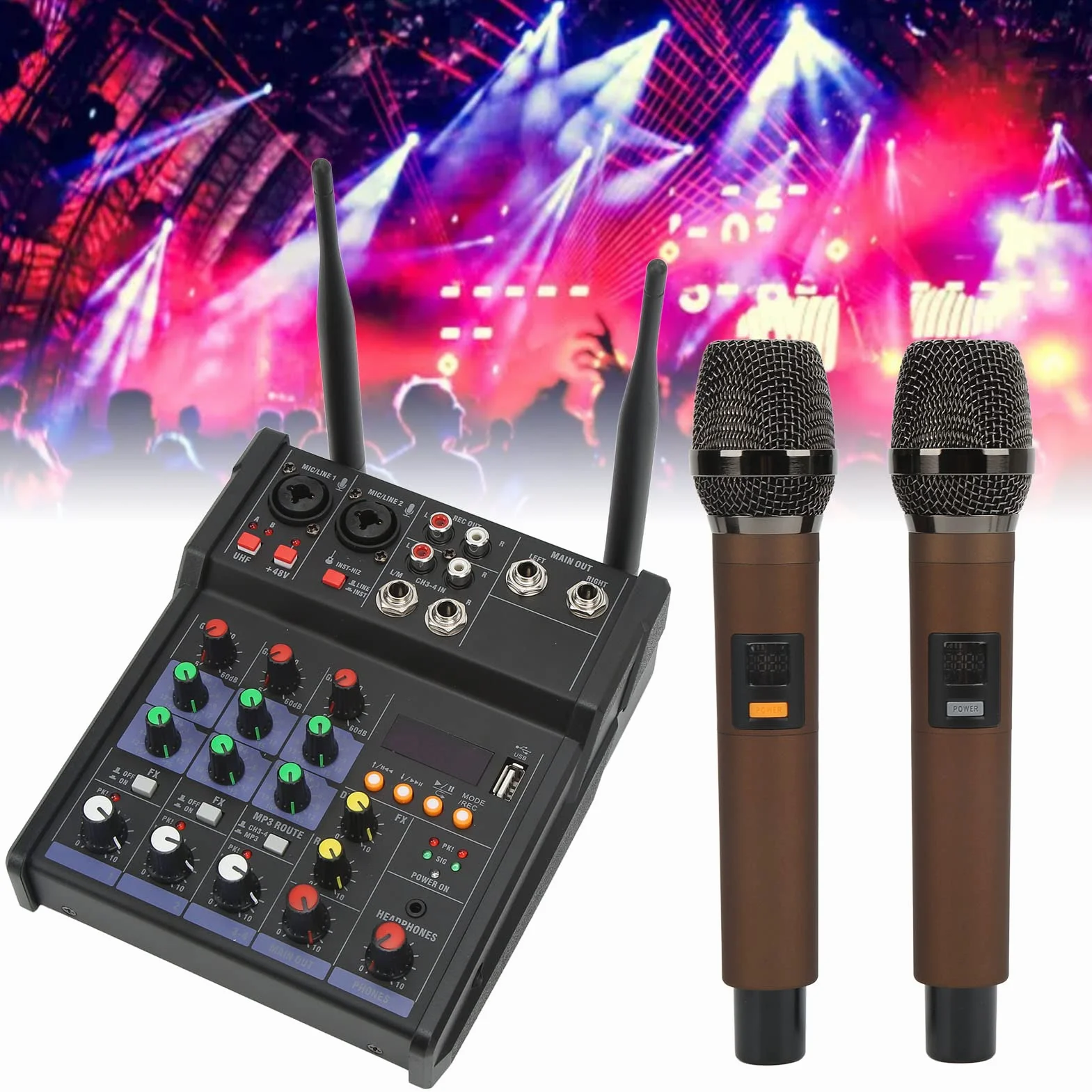 Mały mikser stereo Bluetooth z 2 mikrofonami bezprzewodowymi, 4-kanałowy mikser audio, rodzinny procesor stereo, mikser DJ do transmisji na żywo