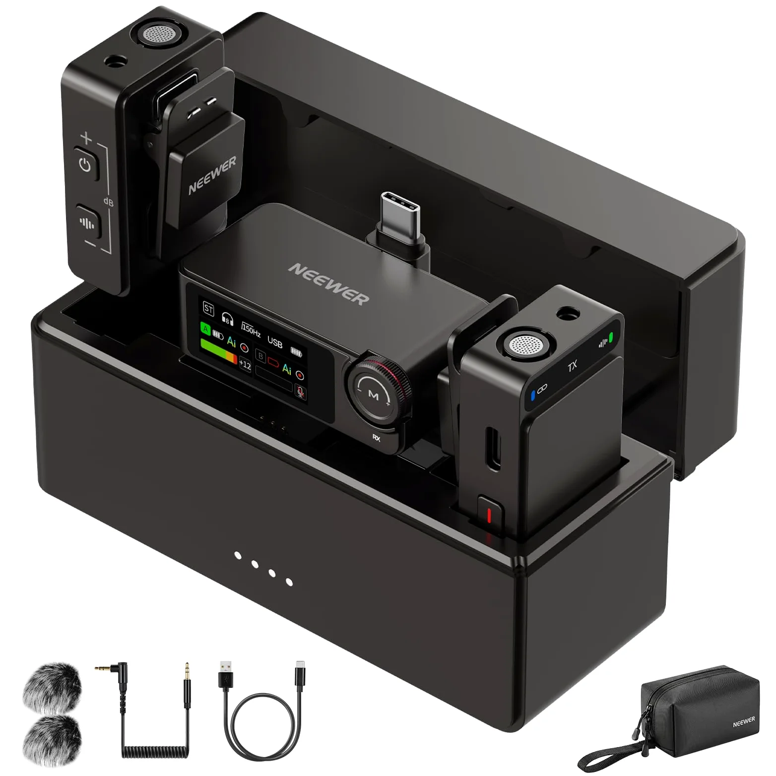NEEWER CM36 Pro Bezprzewodowy mikrofon krawatowy, Micro USB C 48kHz 24/32 bit pływający 85dB SNR AI redukcja szumów głuchy niskie cięcie 8 GB bateria zapasowa 54 h 2,4G Zasięg 100 m 3,5 mm Monitoring