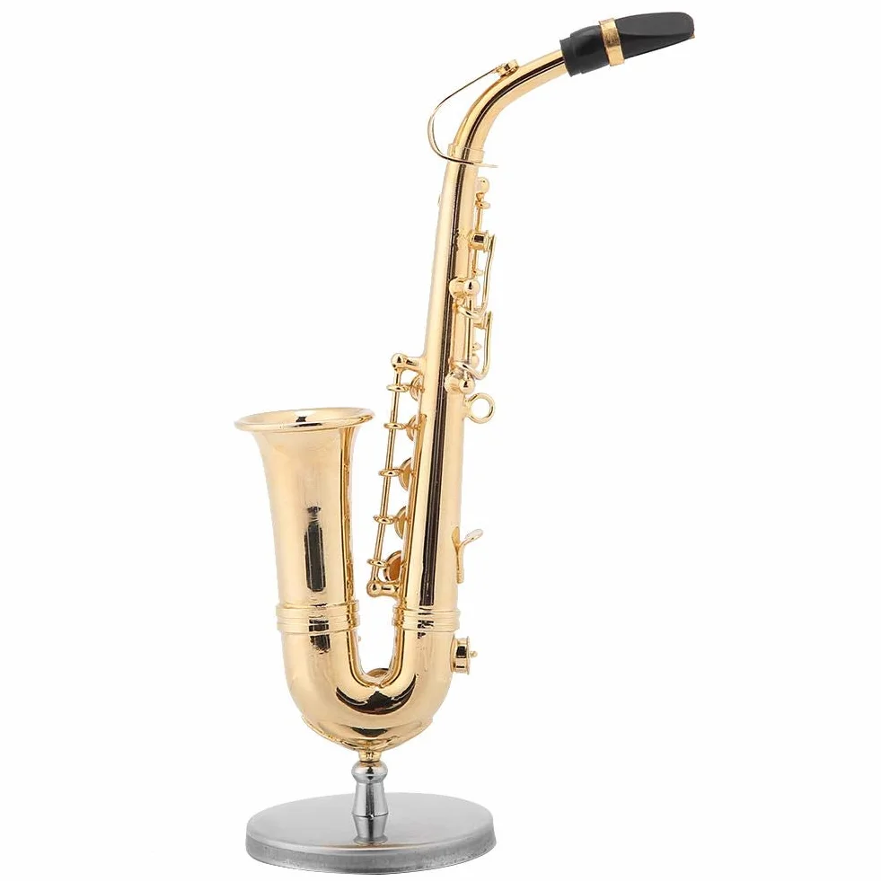 Miniaturowy stary saksofon delicated pozłacany mini instrument ornament z etui, idealny i dekoracja