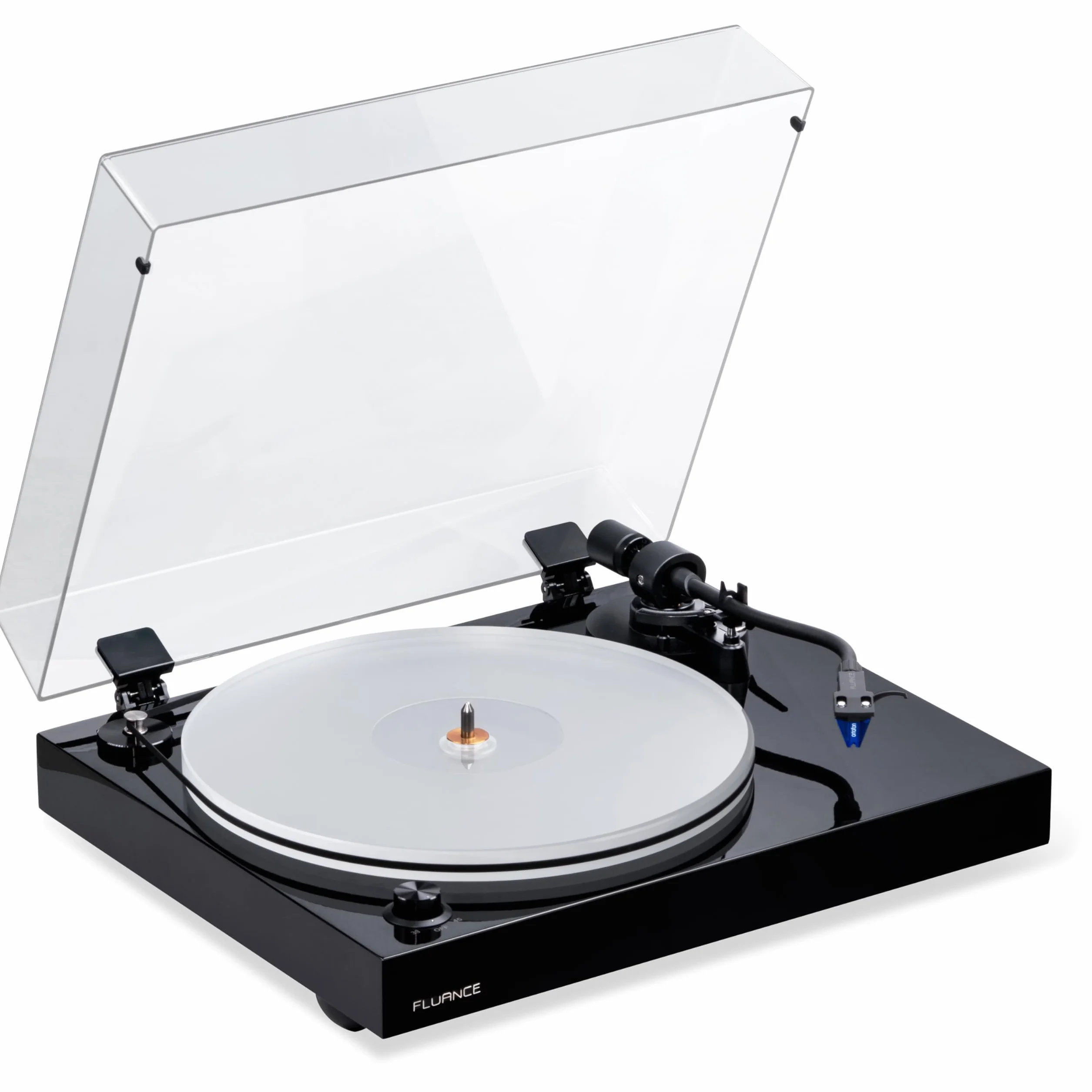 Fluance RT85 Referenz High Fidelity Vinyl Plattenspieler mit Ortofon 2M blauer Kartusche, Acrylplatte, Geschwindigkeitsregelungsmotor, Massivholzsockel, Vibrationsisolationsfüße, Klavierschwarz