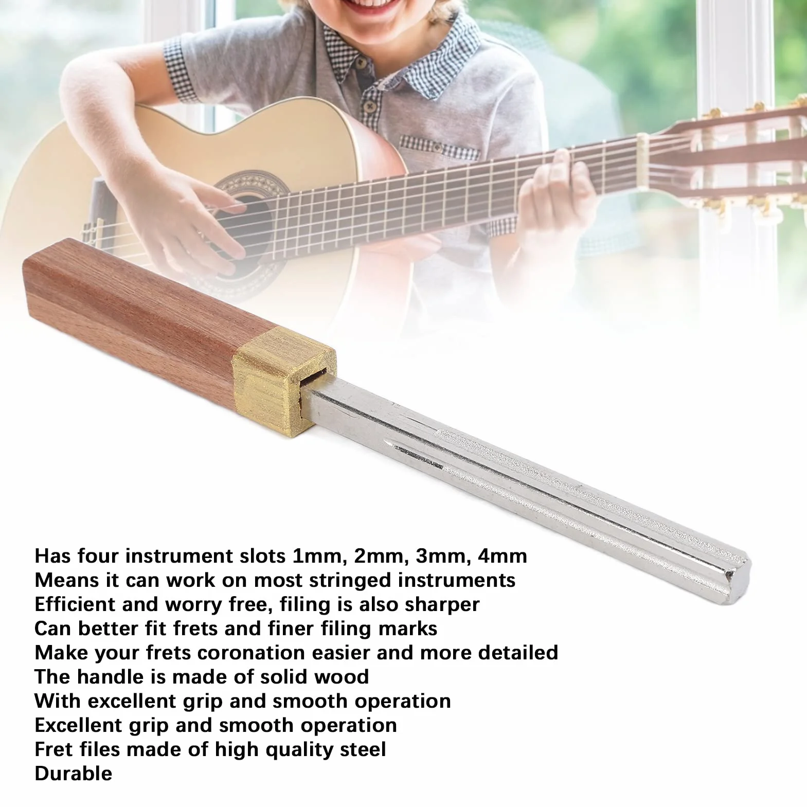 POENVFPO Profesjonalny Pilnik do Gryfów Gitarowych z 4 Otworami, Uchwytem ze Stali i Drewna, Rozstaw 1-4 Mm do Naprawy Gitar i Instrumentów Smyczkowych