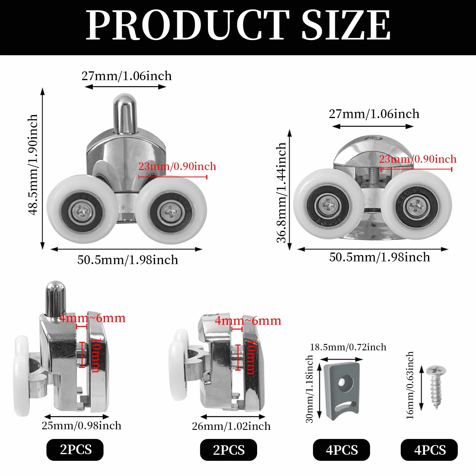4 sztuki kółek do drzwi prysznicowych, metalowe kółka do drzwi prysznicowych o średnicy 23 mm, kółka do przesuwnych kabin prysznicowych, do drzwi 4-6 mm do wymiany i mocowania