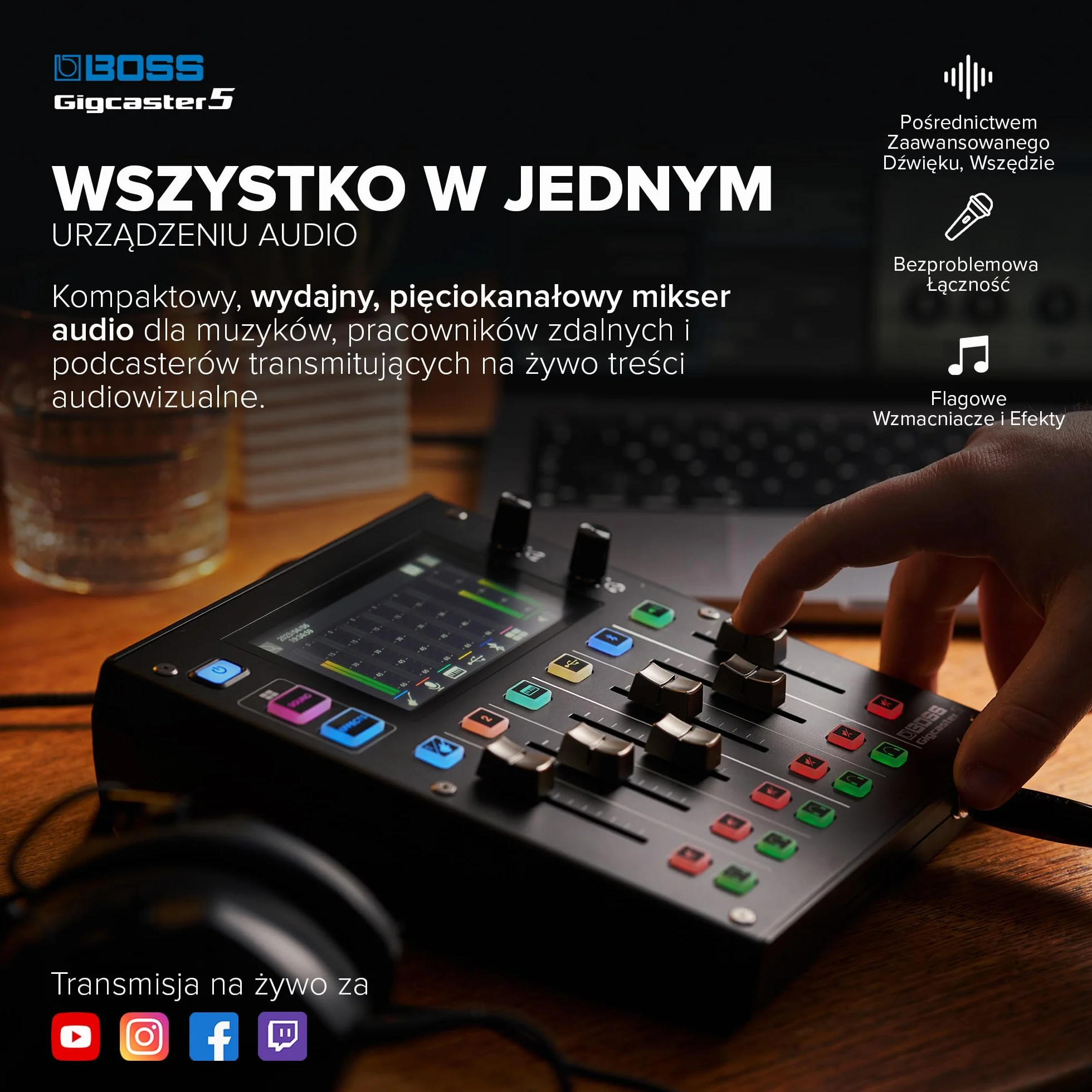 BOSS Gigcaster 5 Kompaktowy, 5-kanałowy mikser audio do streamingu z bezpośrednim wejściem gitarowym/basowym | 2 wejściami mikrofonowymi XLR | stereofonicznym wejściem liniowym