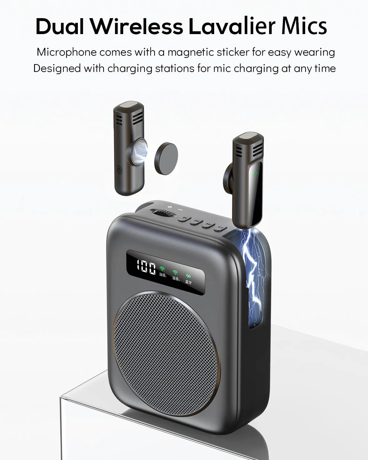 Wzmacniacz głosu, bezprzewodowy mikrofon krawatowy, 2000 mAh, przenośny, ładowany, Bluetooth, mini osobisty głośnik z 2 mikrofonami klapowymi, dla nauczycieli, klasy, spotkań, wycieczek, wzmacniaczy