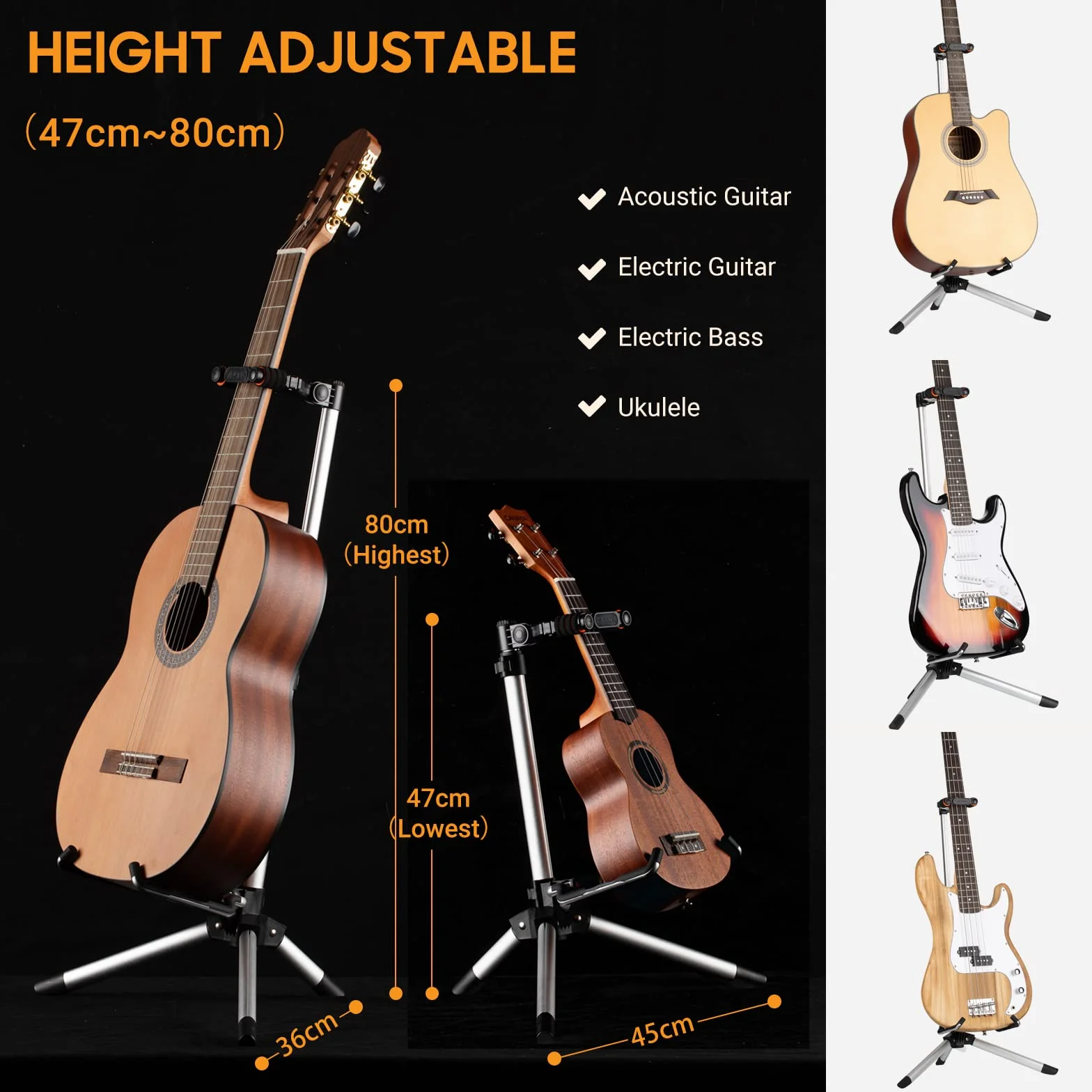 CAHAYA Stojak na gitarę, aluminiowy, regulowany, wielofunkcyjny stojak na gitarę, stabilny i łatwy do przenoszenia, odpowiedni do akustycznych gitar basowych CY0264