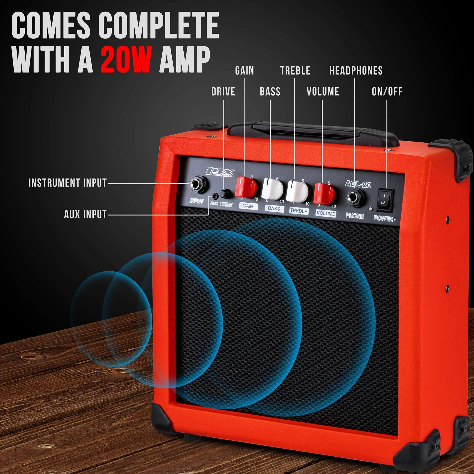 LyxPro Gitara elektryczna i zestaw startowy 30 cali dla dzieci z gitarą dla początkujących, wzmacniaczem, sześcioma strunami, dwoma kostkami, paskiem na ramię, cyfrowym tunerem, kablem gitarowym i