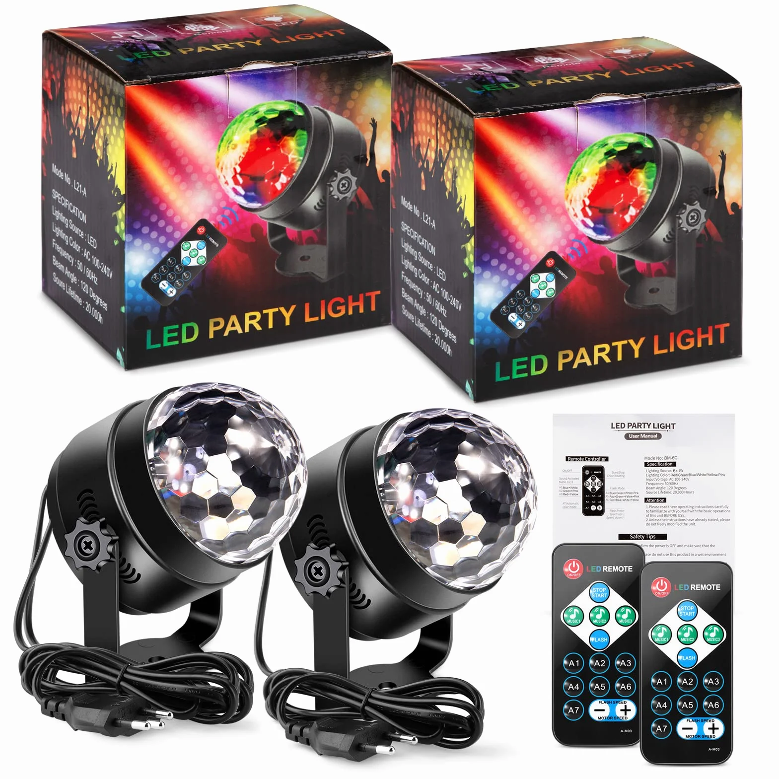 Litake Kula dyskotekowa 6 W oświetlenie sceniczne DJ 7 kolorów sterowanie muzyką pilot zdalnego sterowania lampa LED 2 sztuki