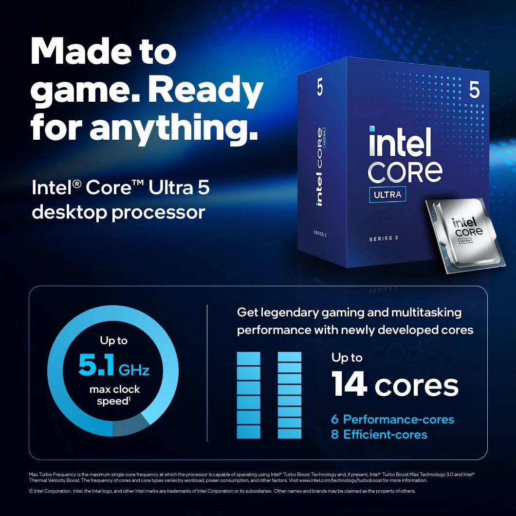 Procesor Intel Core Ultra 5 225F do komputerów stacjonarnych. 10 rdzeni (6 rdzeni wydajnościowych + 4 energooszczędne) do 4,9 GHz.
