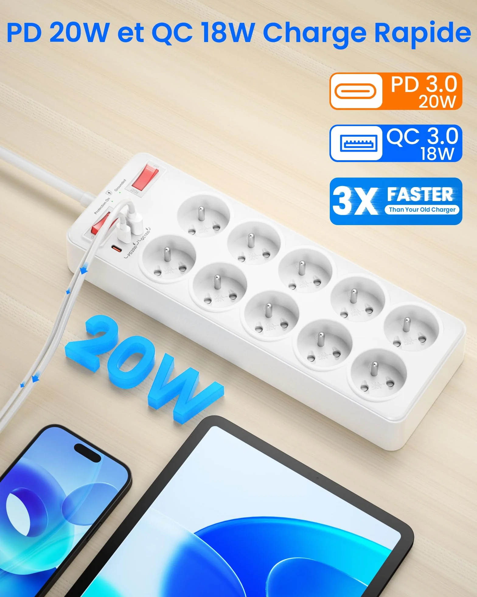 Listwa Zasilająca Przeciwprzepięciowa, Listwa Zasilająca z 10 Gniazda Elektryczne Polskie 16A 2P+T, Wielokrotne Gniazdo z Wyłącznikiem Przeciwprzeciążeniowym i ładowaniem USB C, 2 m Kabel, Białe