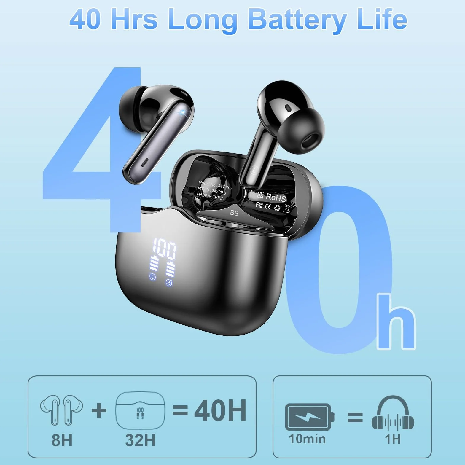 Bezprzewodowe słuchawki douszne, słuchawki bezprzewodowe bluetooth 5.4 z mikrofonami z redukcją szumów ENC, 40 H z głębszym basem, wodoodporne słuchawki IP7 z wyświetlaczem LED, Czarny